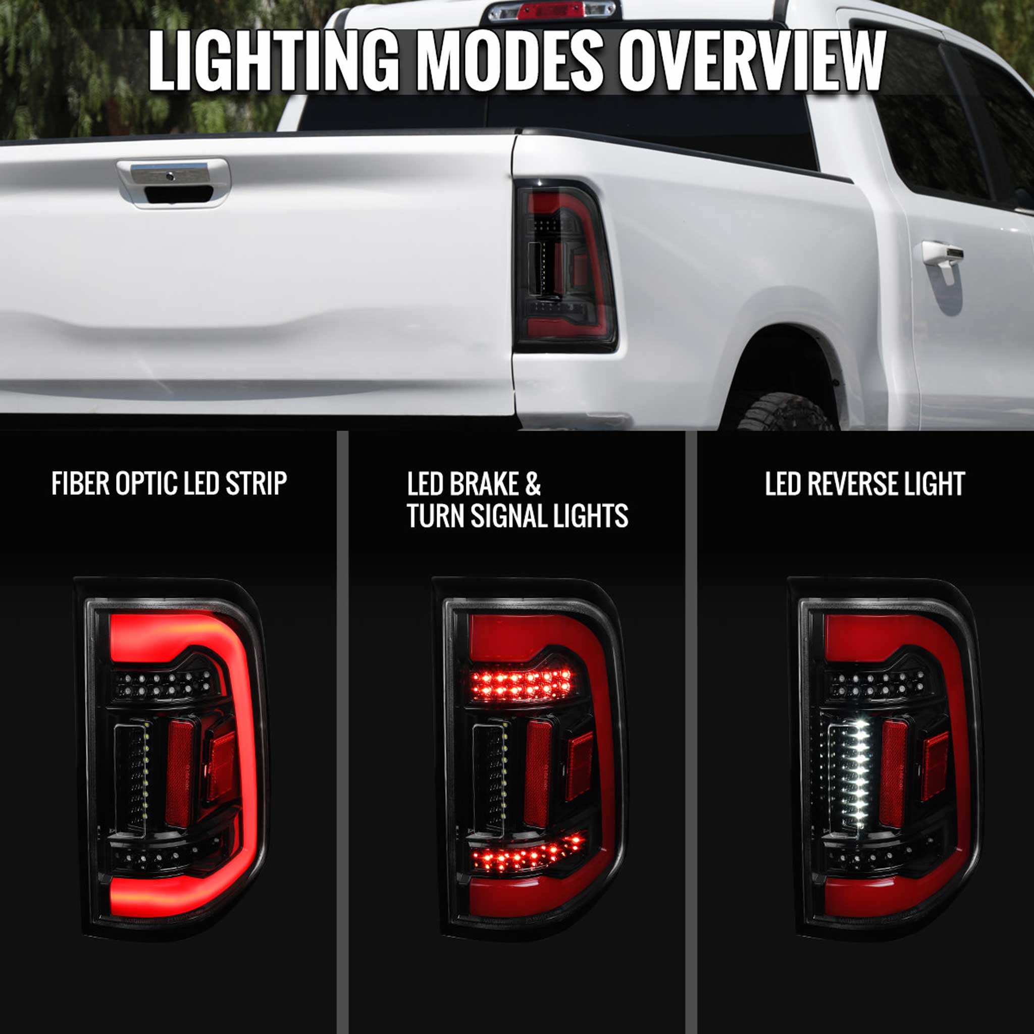 For Dodge RAM 2019-2024 White LED Bar Tail Lights Glossy Black Housing Clean Lens