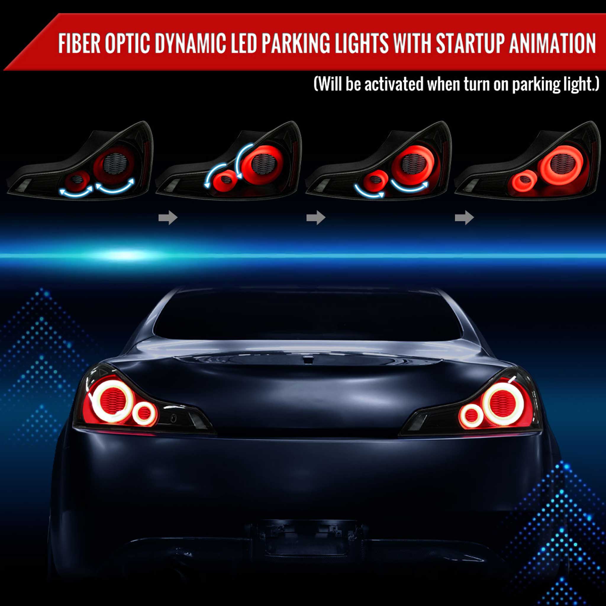 For Infiniti G37 2008-13 / Q60 Coupe 2014-15 Red LED Tail Lights Switchback Sequential Turn Signals Black Housing Smoked Lens
