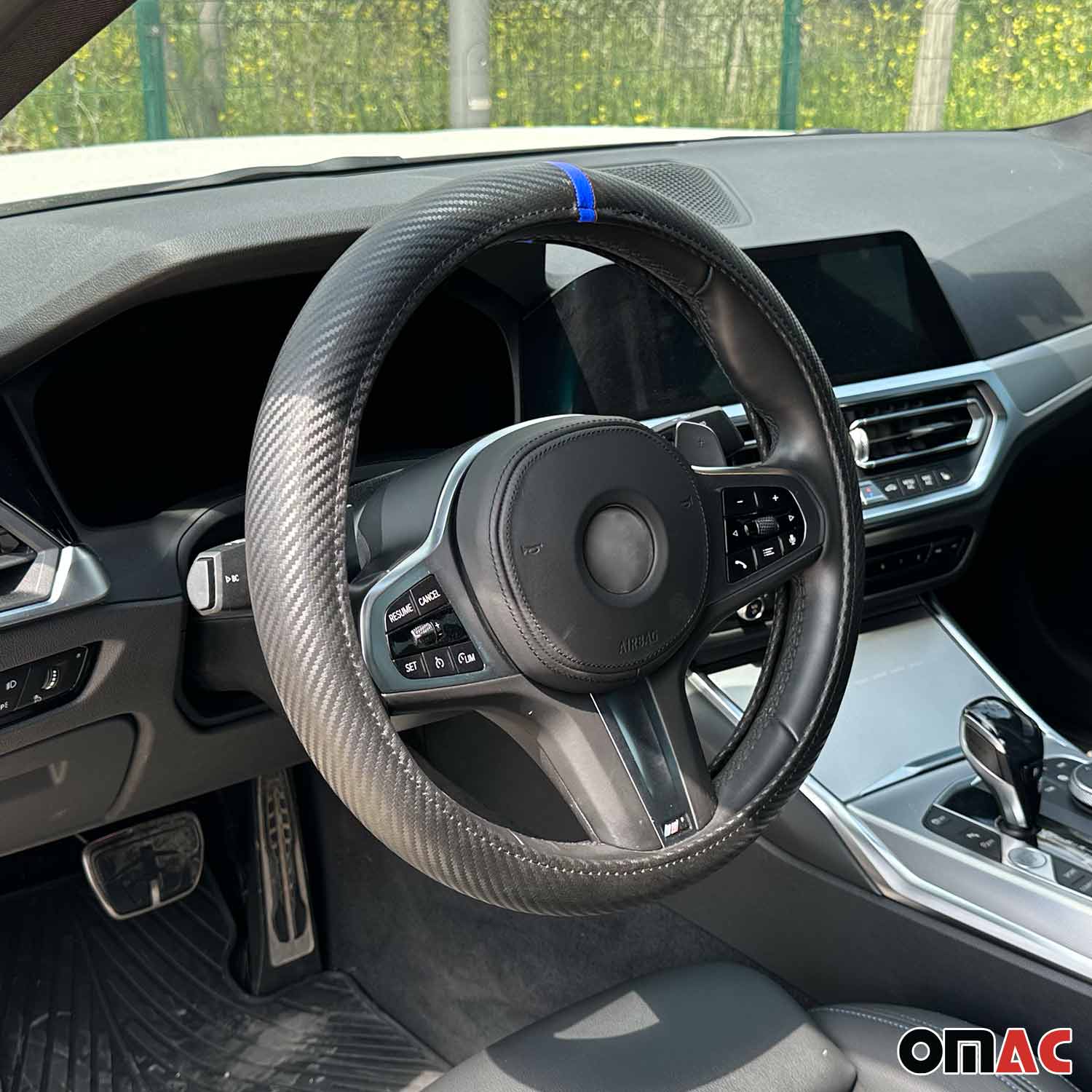 14.5-15.5’’ Steering Wheel Cover Blue Stripe Leather Anti-slip Breathable