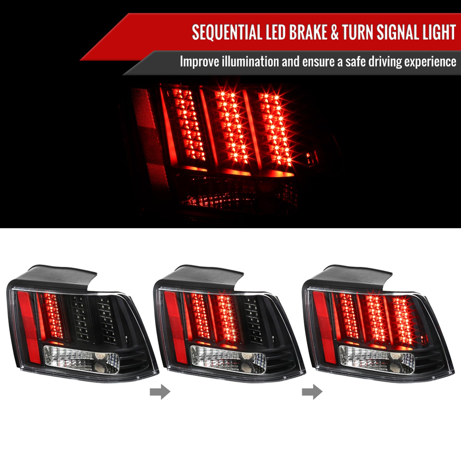 1999-2004 Ford Mustang Sequential LED Tail Lights - RS Matte Black/Clear Lens