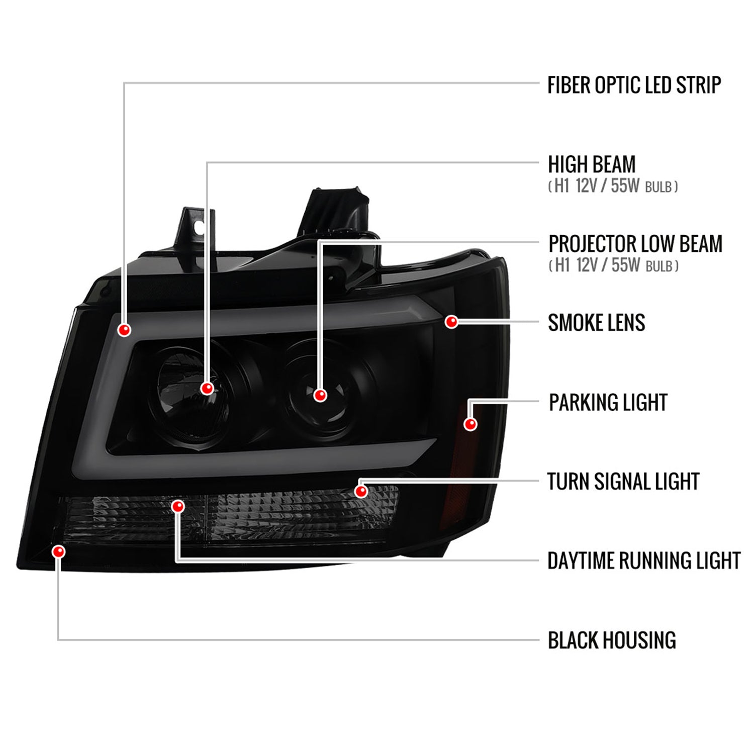 2007-2013 Chevy Avalanche/ Tahoe Suburban LED C-Bar Headlights Black Smoke