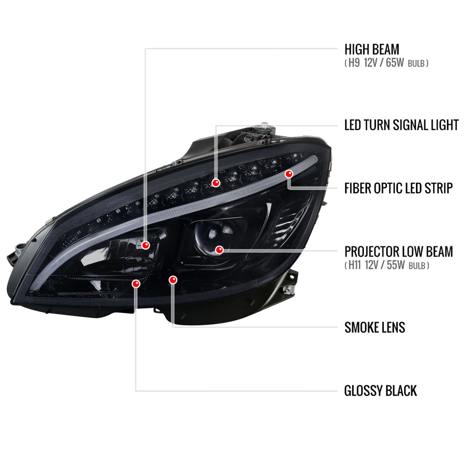 2008-2011 Mercedes W204 C Class Headlights LED Light Bar&LED Signal Smoked