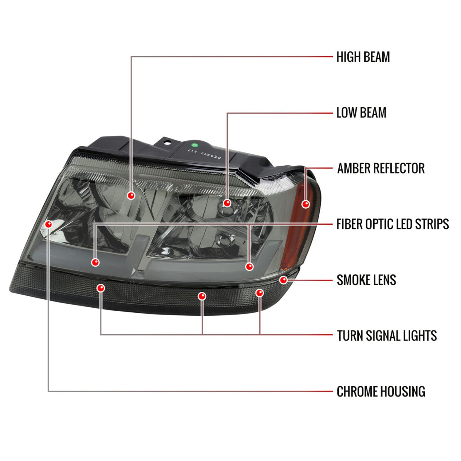 1999-2004 Jeep Grand Cherokee Factory Dual LED Bar Headlights Chrome/Smoke