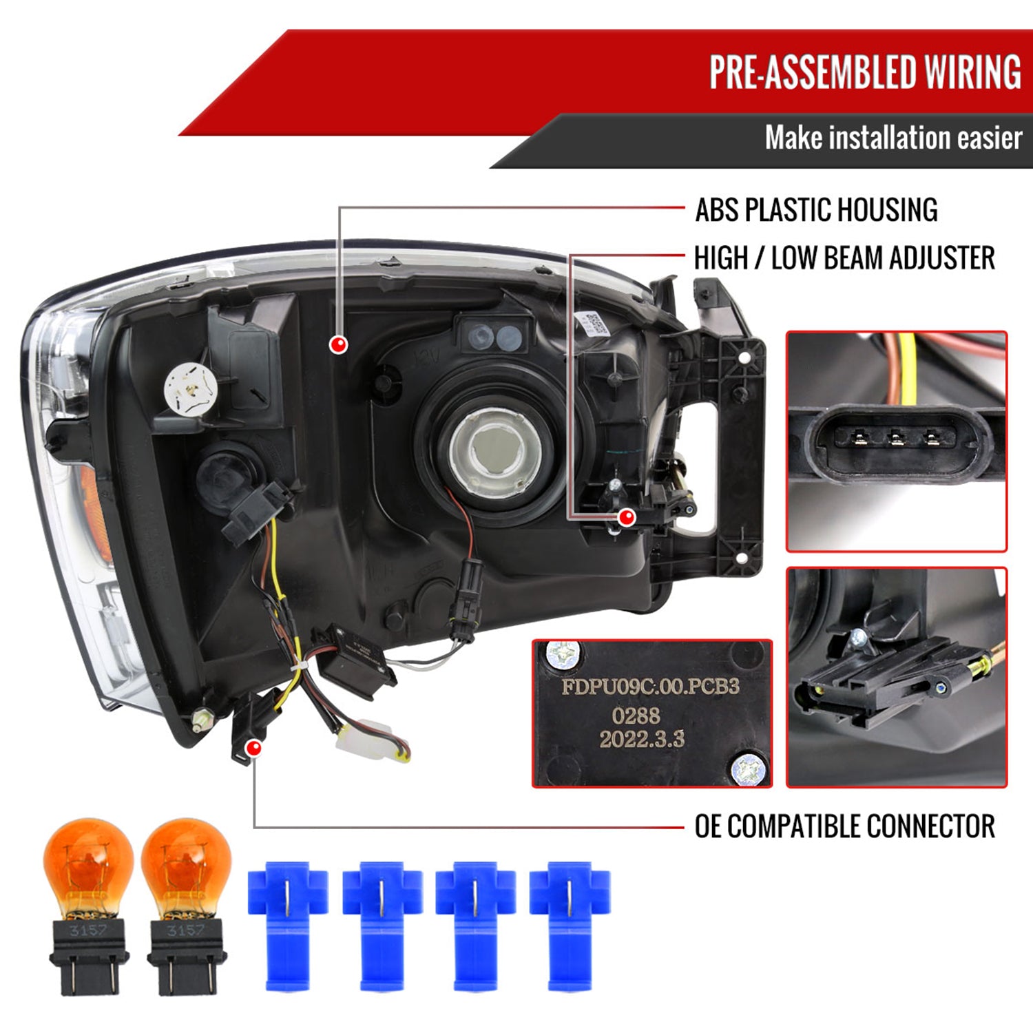 2006-2008 Dodge Ram 1500/ Ram 2500 3500 LED Headlights Amber Reflector Chrome