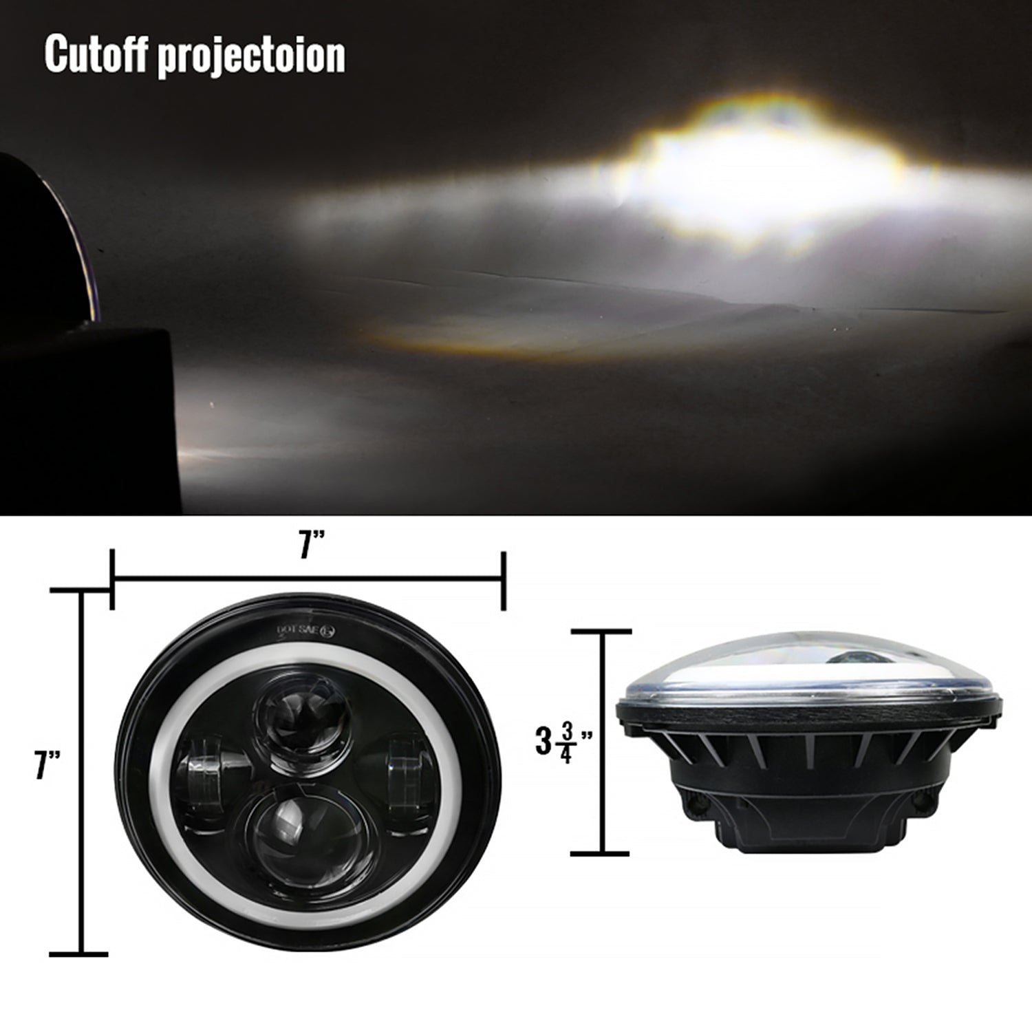 Universal 7" Round Cree LED Halo Projector Headlights - 2PC Matte Black/Clear
