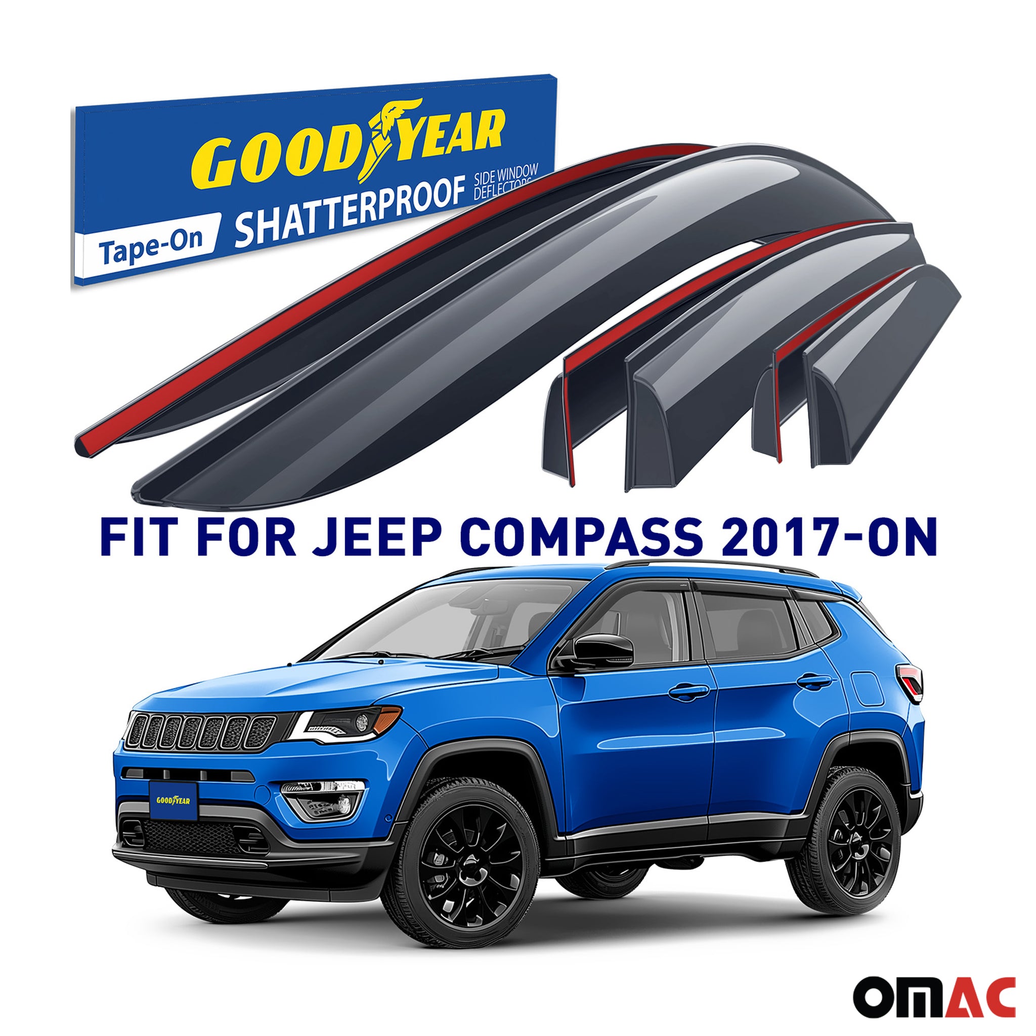 Goodyear Wind Deflectors for Jeep Compass 2017-2025 Tape-On Premium Smoke 6 pcs