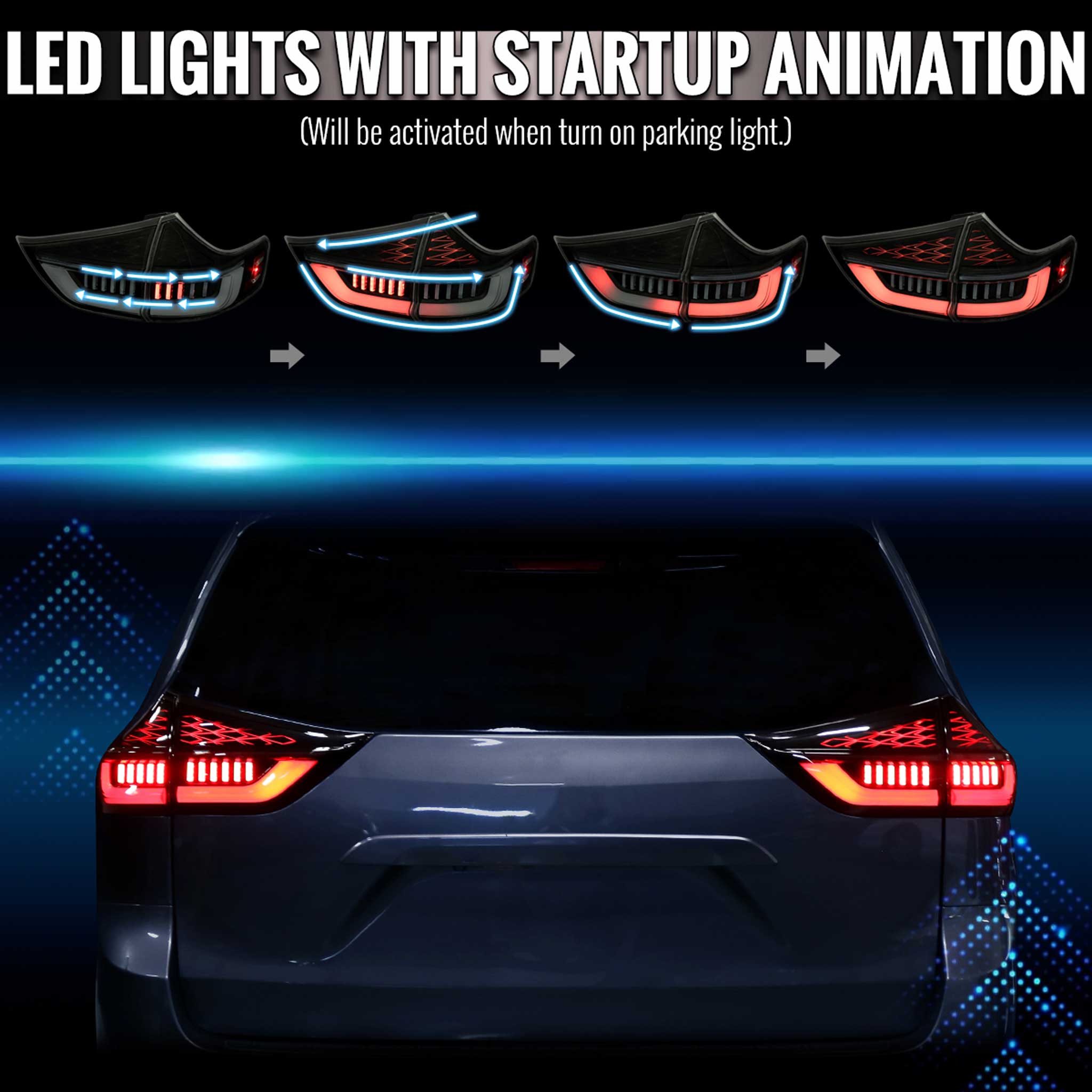 For Toyota Sienna 2011-2014 Full LED Tail Lights Sequential Signal Startup Black Housing Smoked Lens