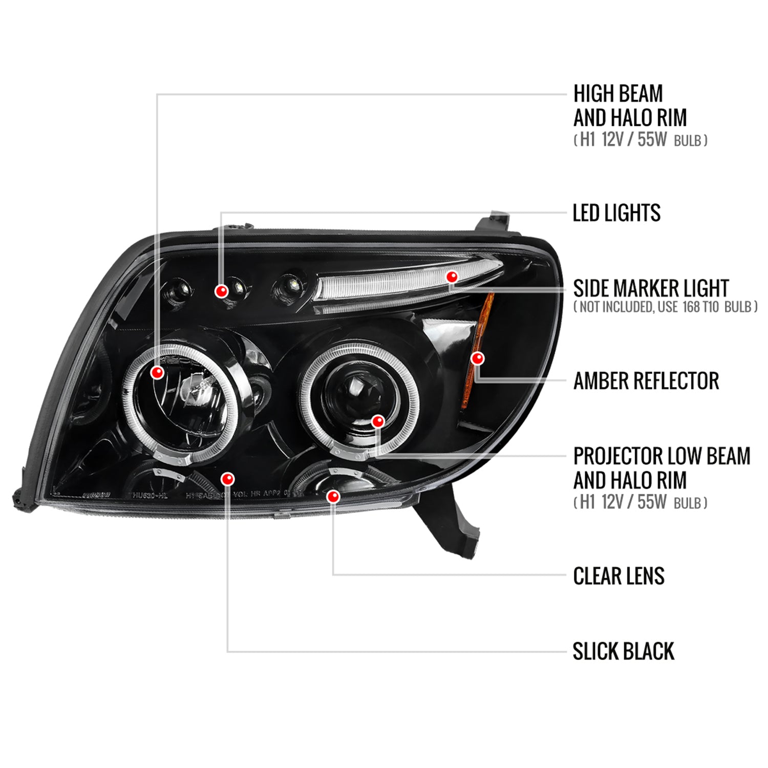 2003-2005 Toyota 4Runner Dual Halo Projector Headlights Jet Black/Clear Lens