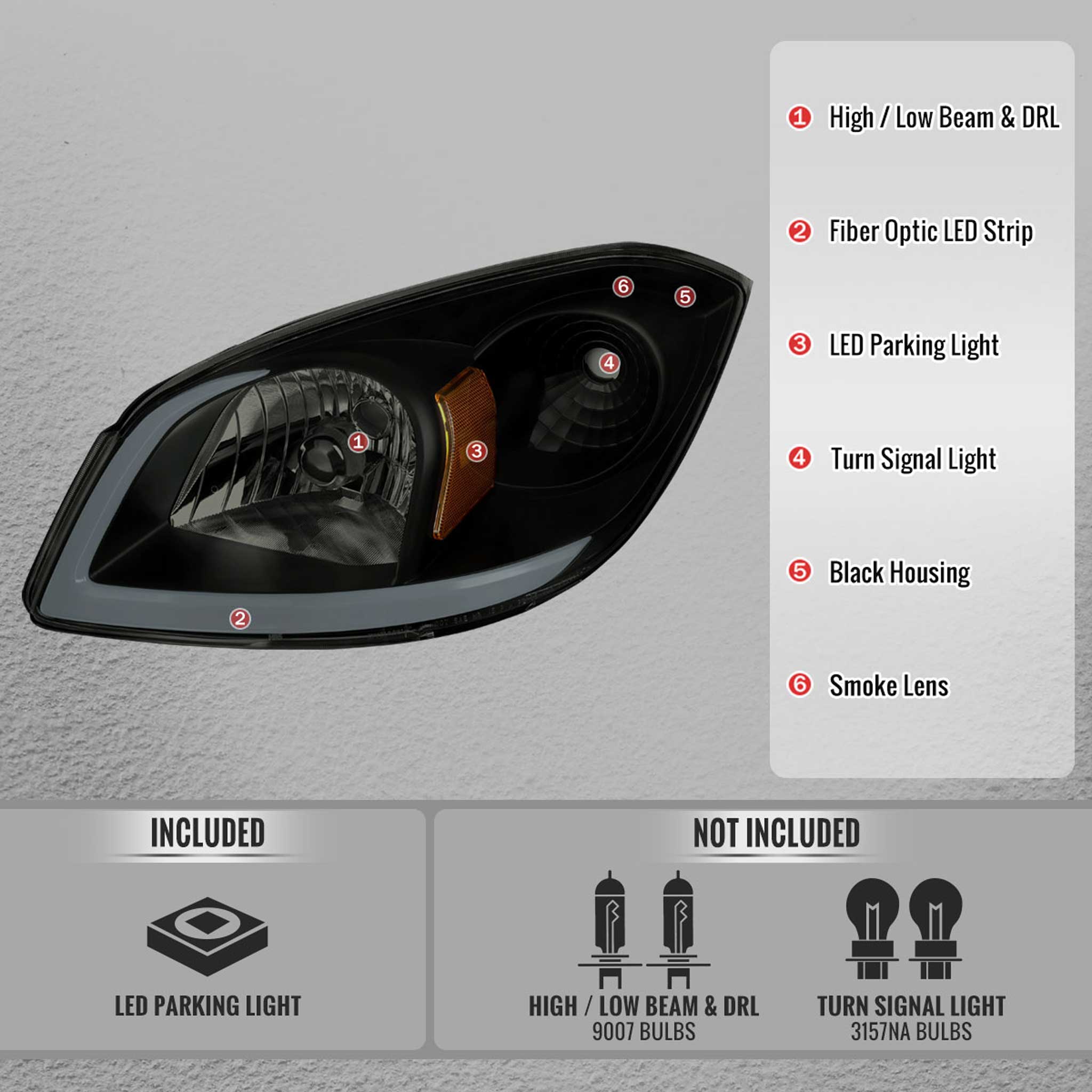 For Chevrolet Cobalt / Pontiac G5 2005-2010 Factory Style Headlights With LED DRL Light Strip Black Housing Smoked Lens