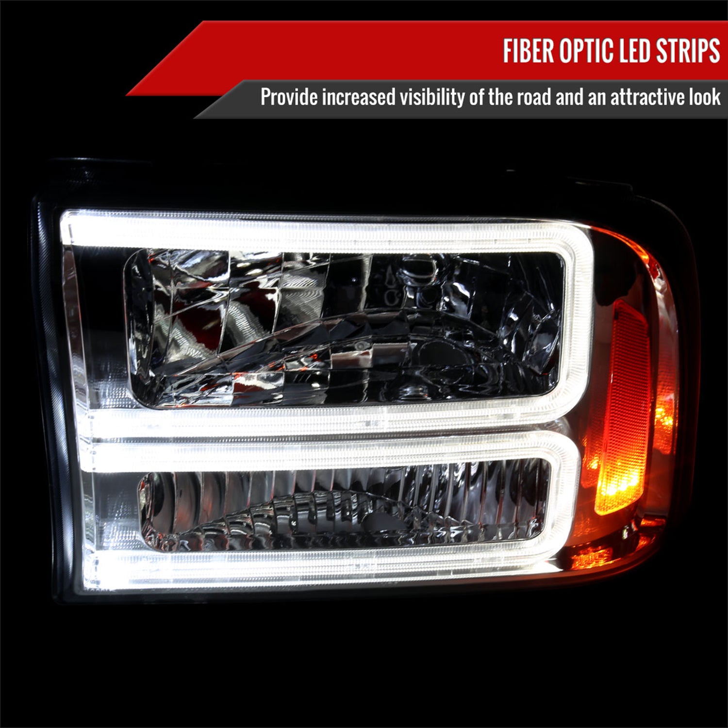 1999-2004 Ford F-250/350/450/550/Excursion Headlights Dual LED C-Bar Chrome