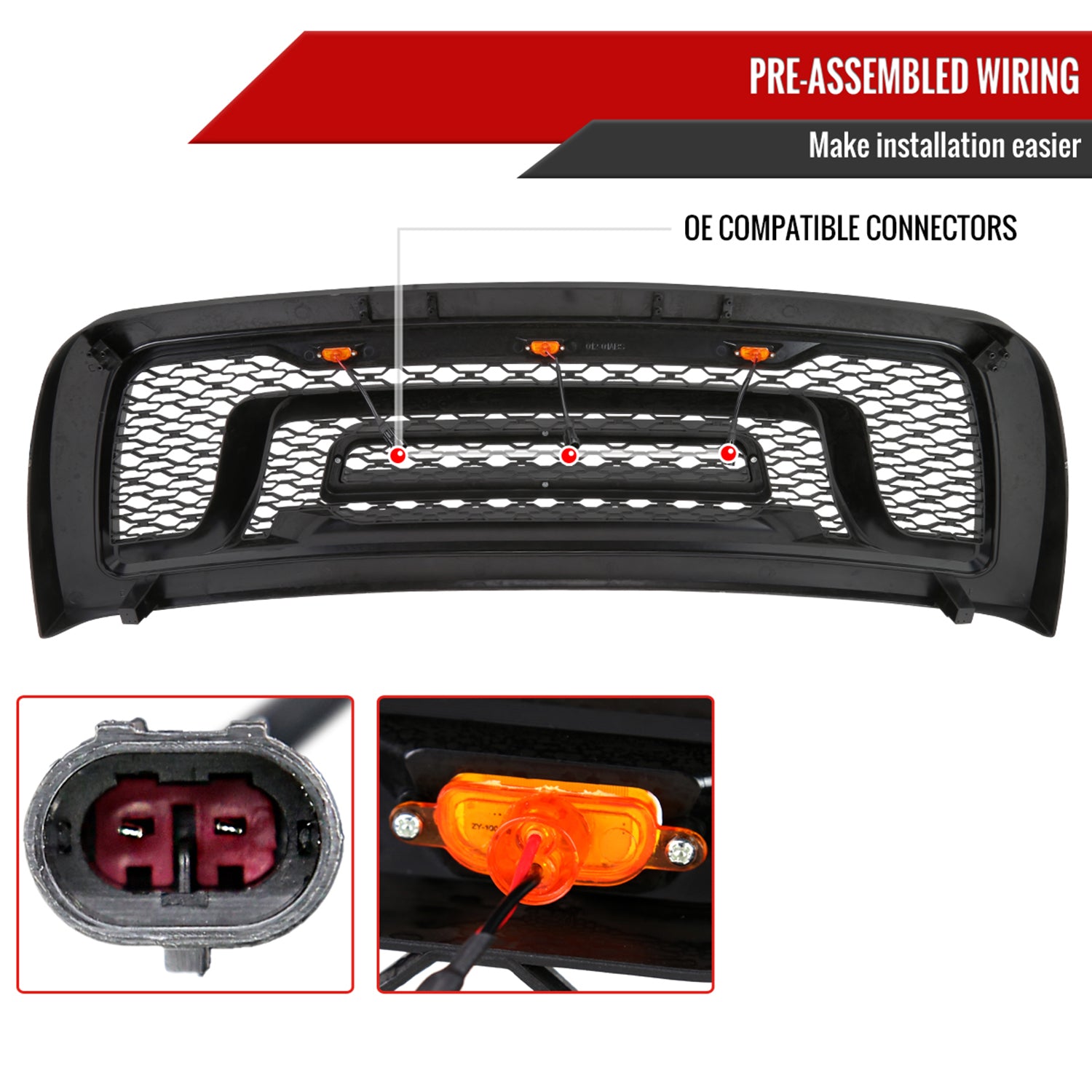 2010-2018 Dodge RAM 2500/3500 Rebel Style Hood Grille w/ Amber LED Lights