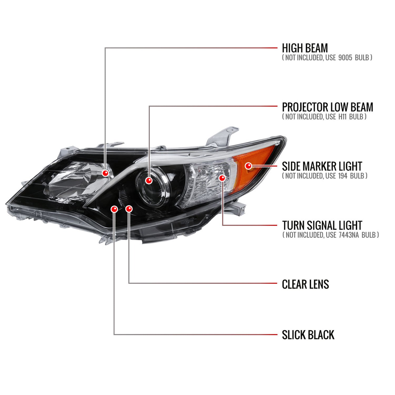 2012-2014 Toyota Camry Projector Headlights w/Amber Reflectors Jet Black/Clear