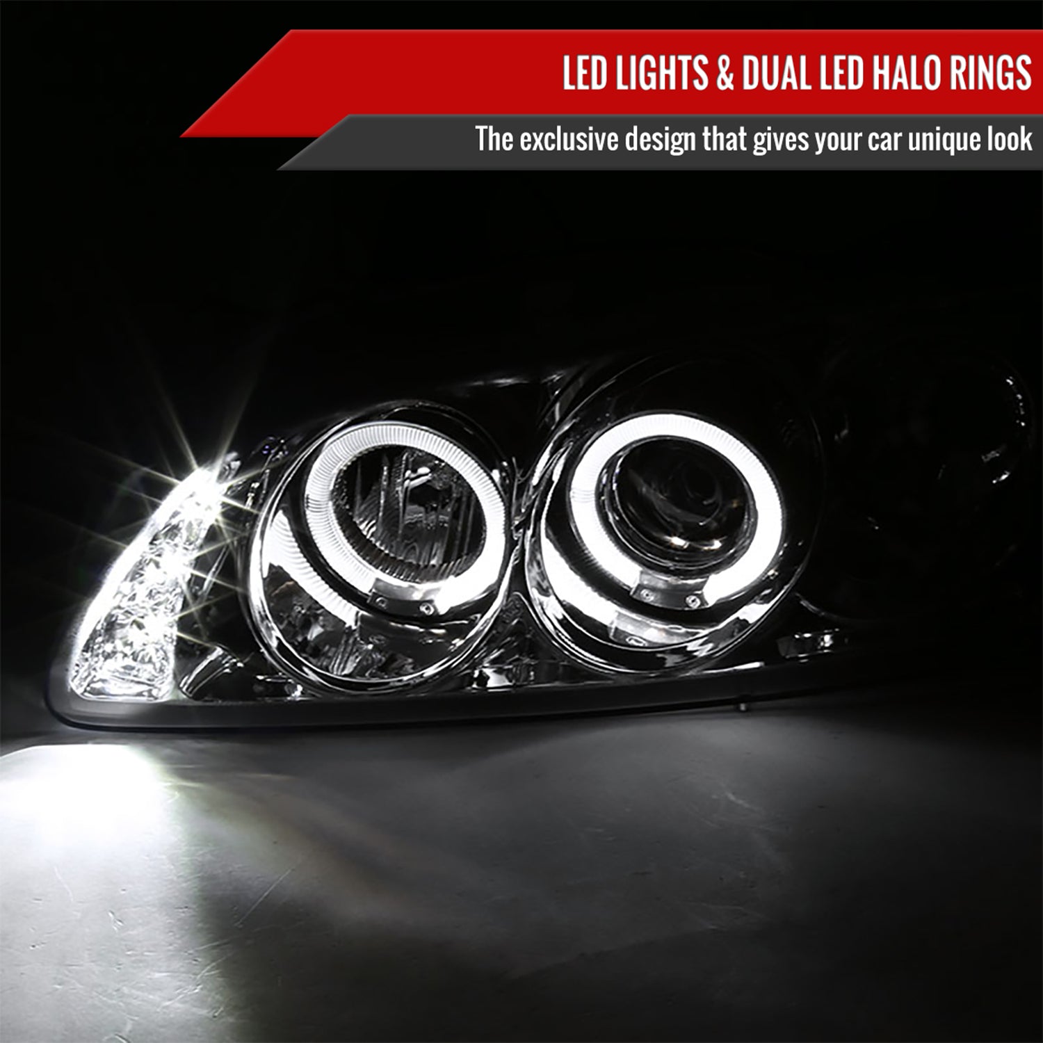 2000-2003 Nissan Sentra Dual Halo Projector Headlights Chrome/Clear Lens
