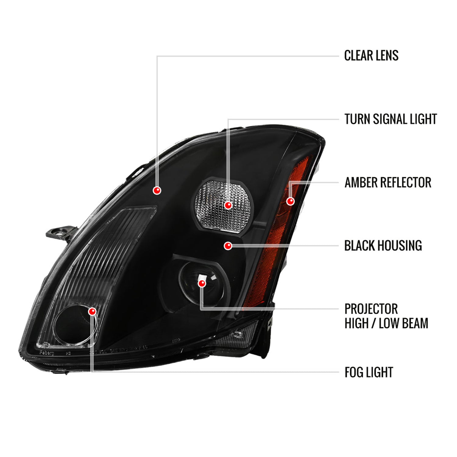 2004-2006 Nissan Maxima Projector Headlights Amber Reflectors Matt Black/Clear