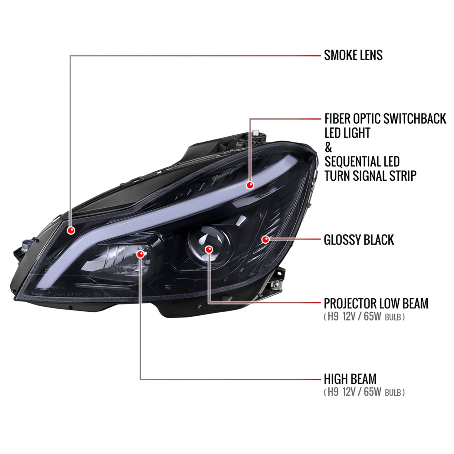 2012-2014 Mercedes-Benz W204 C-Class LED Bar Projector Headlights Smoke