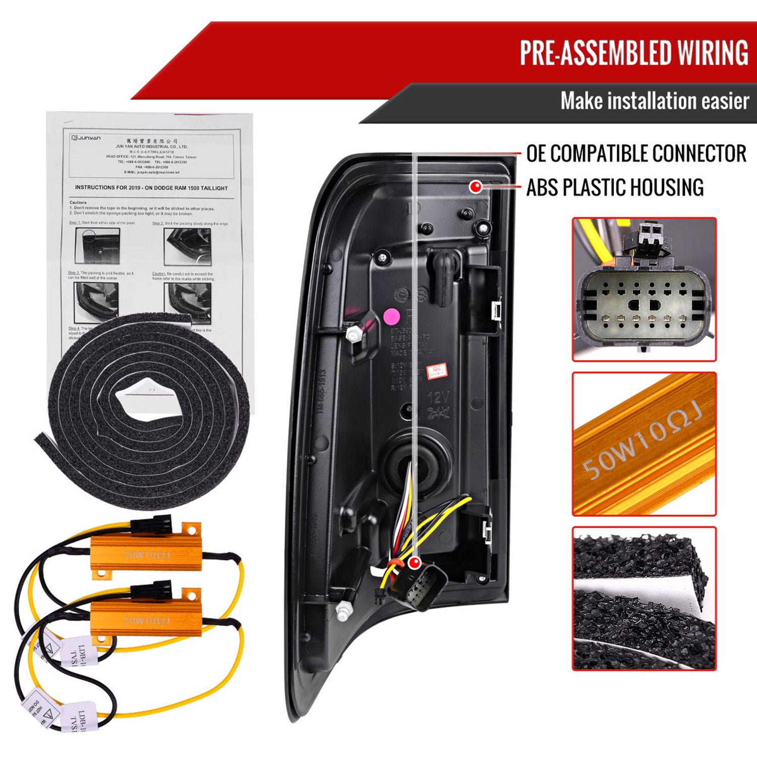 2019-2024 Dodge RAM 1500 White LED Bar Tail Lights Black/Red Smoke Lens