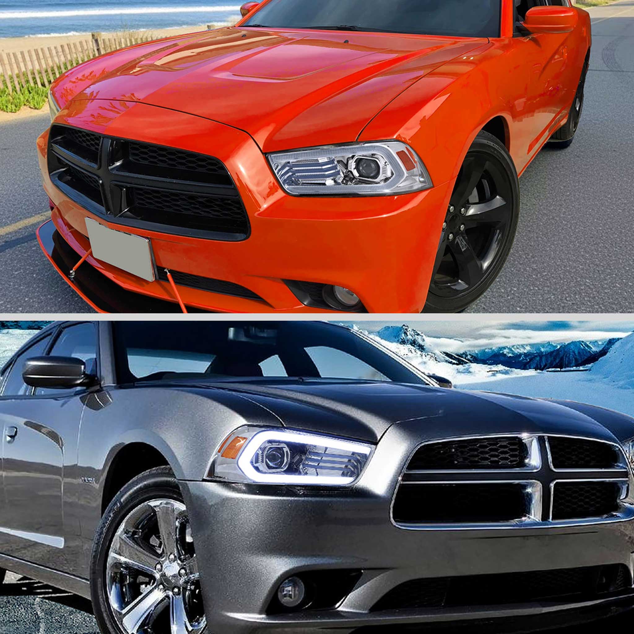 For Dodge Charger 2011-2014 Headlights LED DRL Light Strip Turn Signal Side Marker Chrome Housing Clear Lens