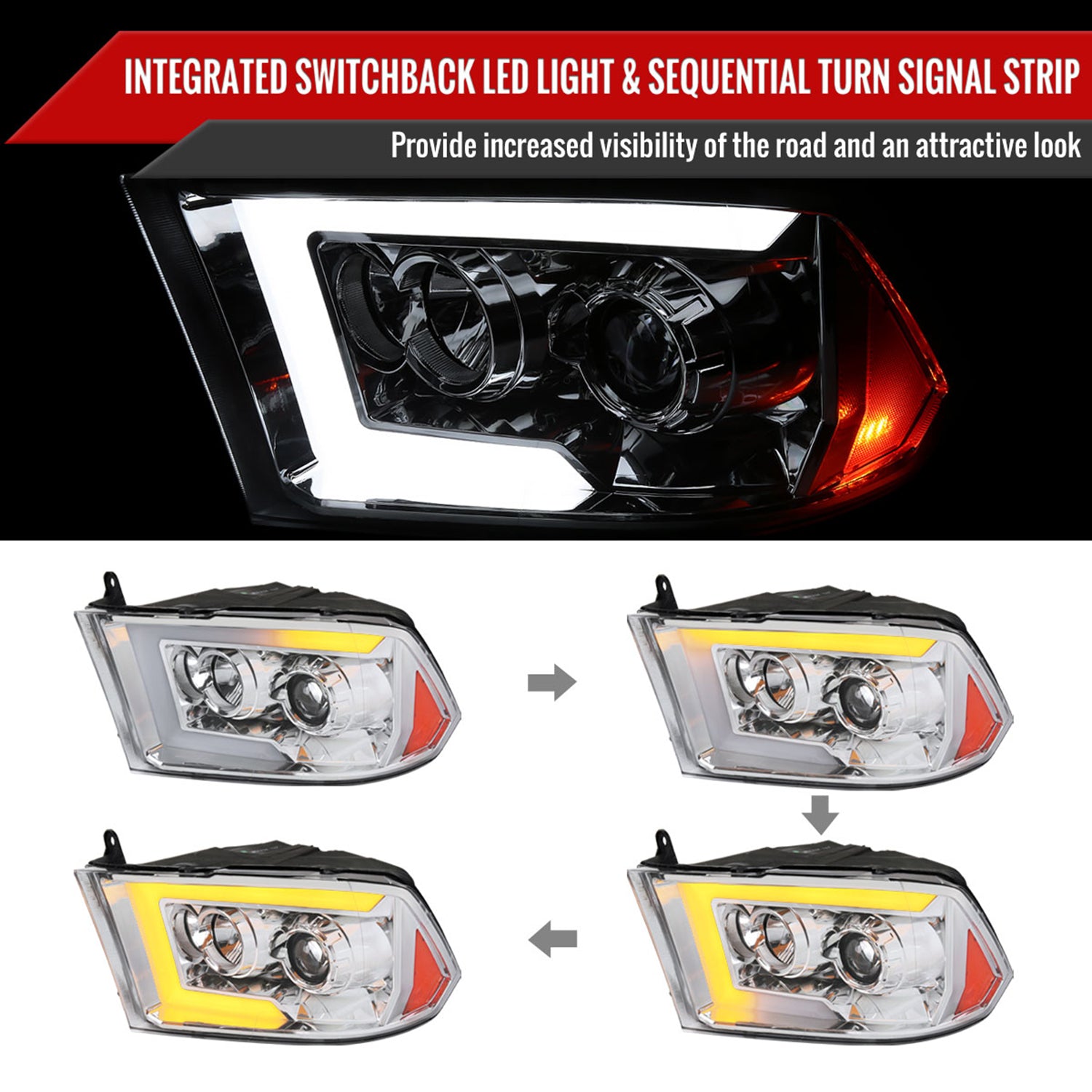 2009-2018 Dodge RAM 1500 / RAM 2500 3500 Switchback LED Headlights Chrome