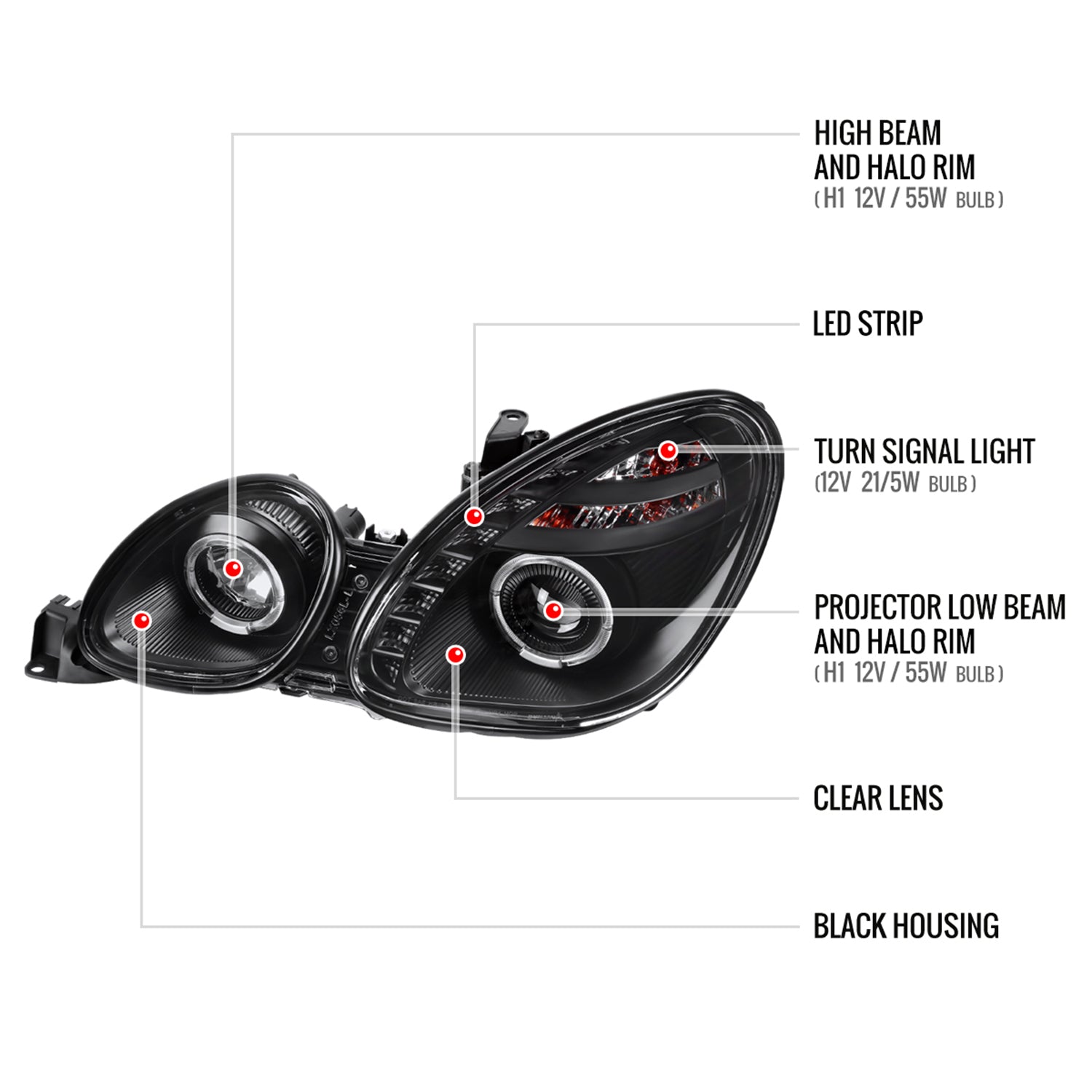 1998-2005 Lexus GS300/GS400/GS430 Halo Projector Headlights LED Light Black