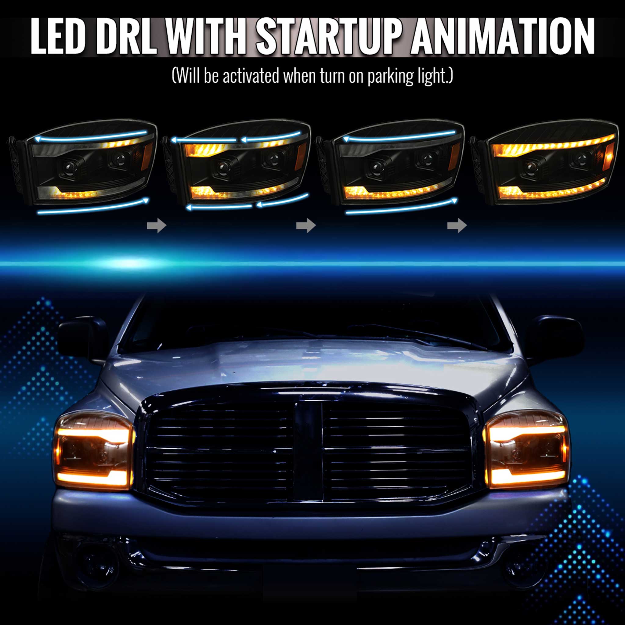 For Dodge RAM 1500 2006-08 / RAM 2500 3500 2006-09 Headlights Switchback Amber LED Strip Turn Signals DRL Black Housing Smoked Lens