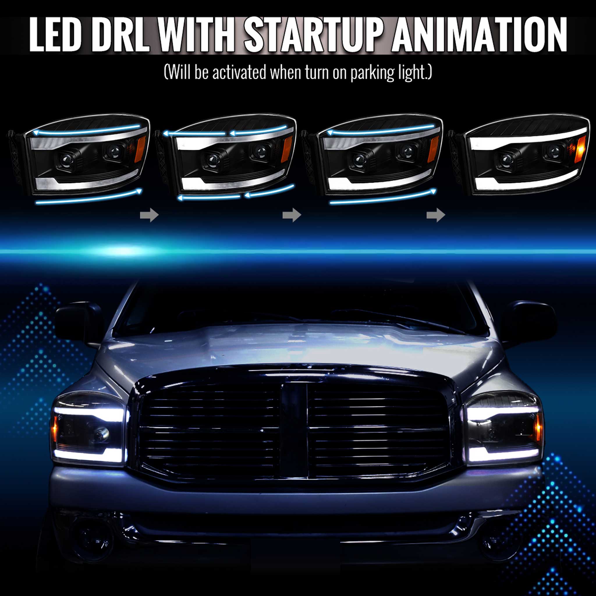 For Dodge RAM 1500 2006-08 / RAM 2500 3500 2006-09 Headlights LED Strip Turn Signals DRL Startup Animation Black Housing Clear Lens