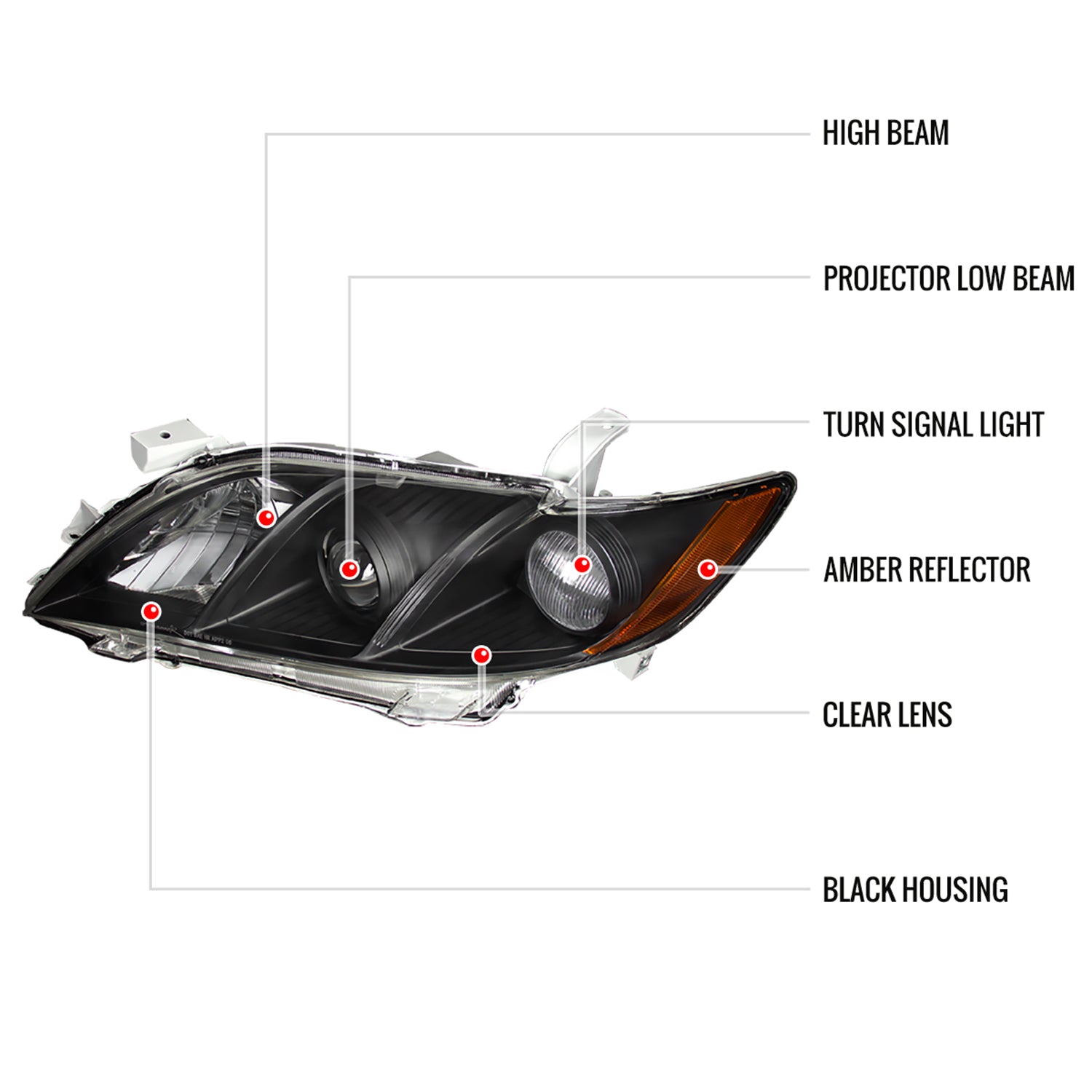 2007-2009 Toyota Camry Projector Headlights Amber Reflectors Matt Black/Clear