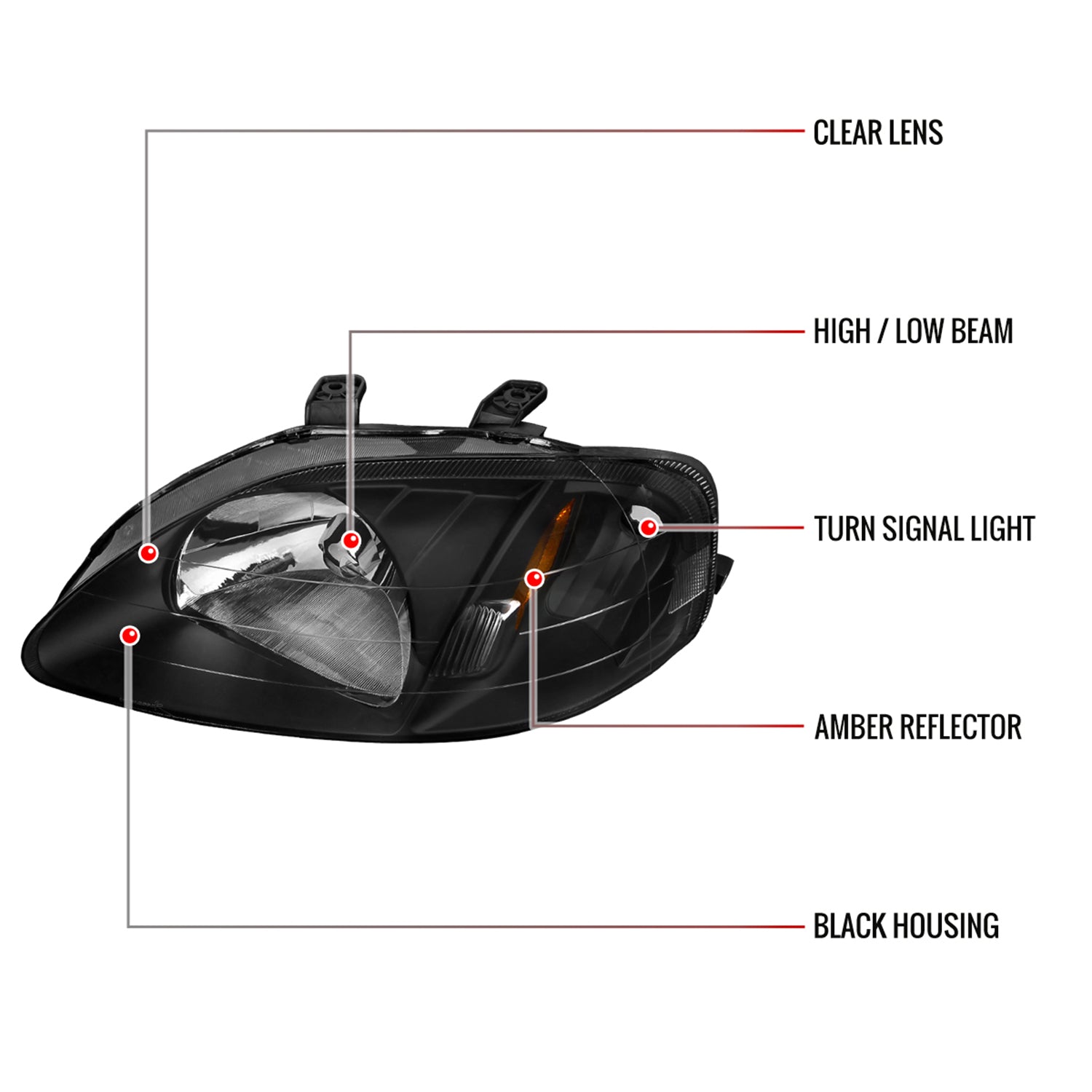 1999-2000 Honda Civic Crystal Headlights w/ Amber Reflector Matte Black/Clear