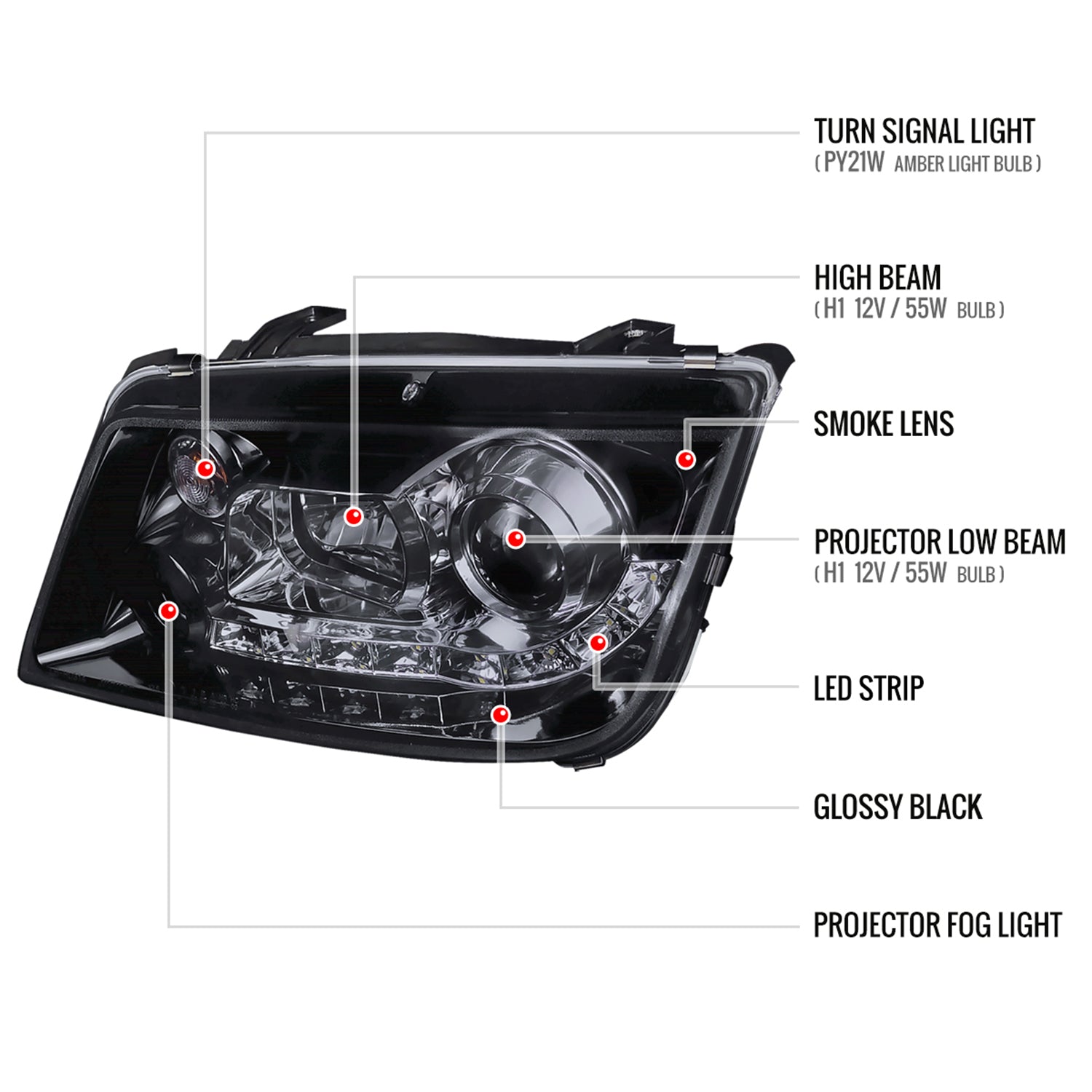 1999-2004 VW Jetta/Bora Projector Headlights R8 LED Light Black/Smoke Lens