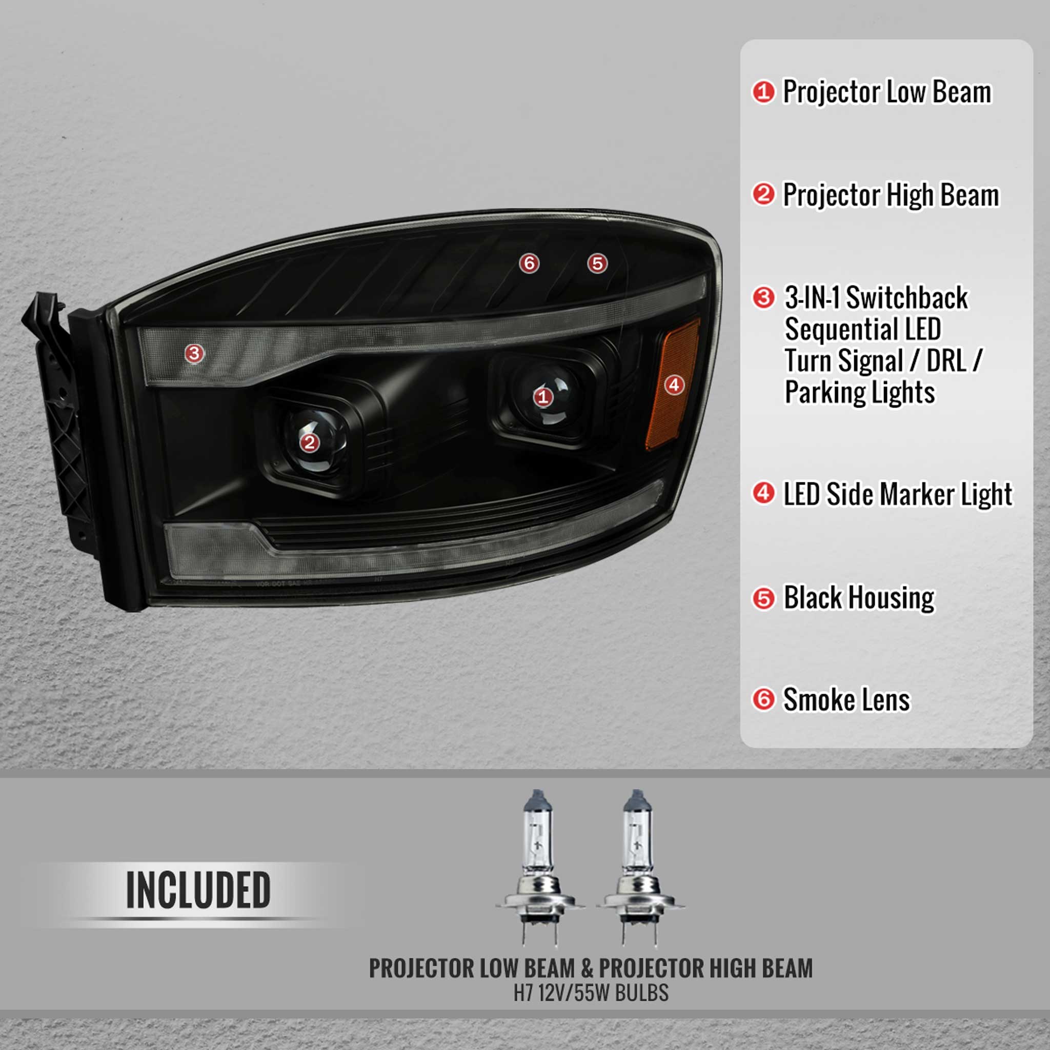 For Dodge RAM 1500 2006-08 / RAM 2500 3500 2006-09 Headlights Switchback Amber LED Strip Turn Signals DRL Black Housing Smoked Lens