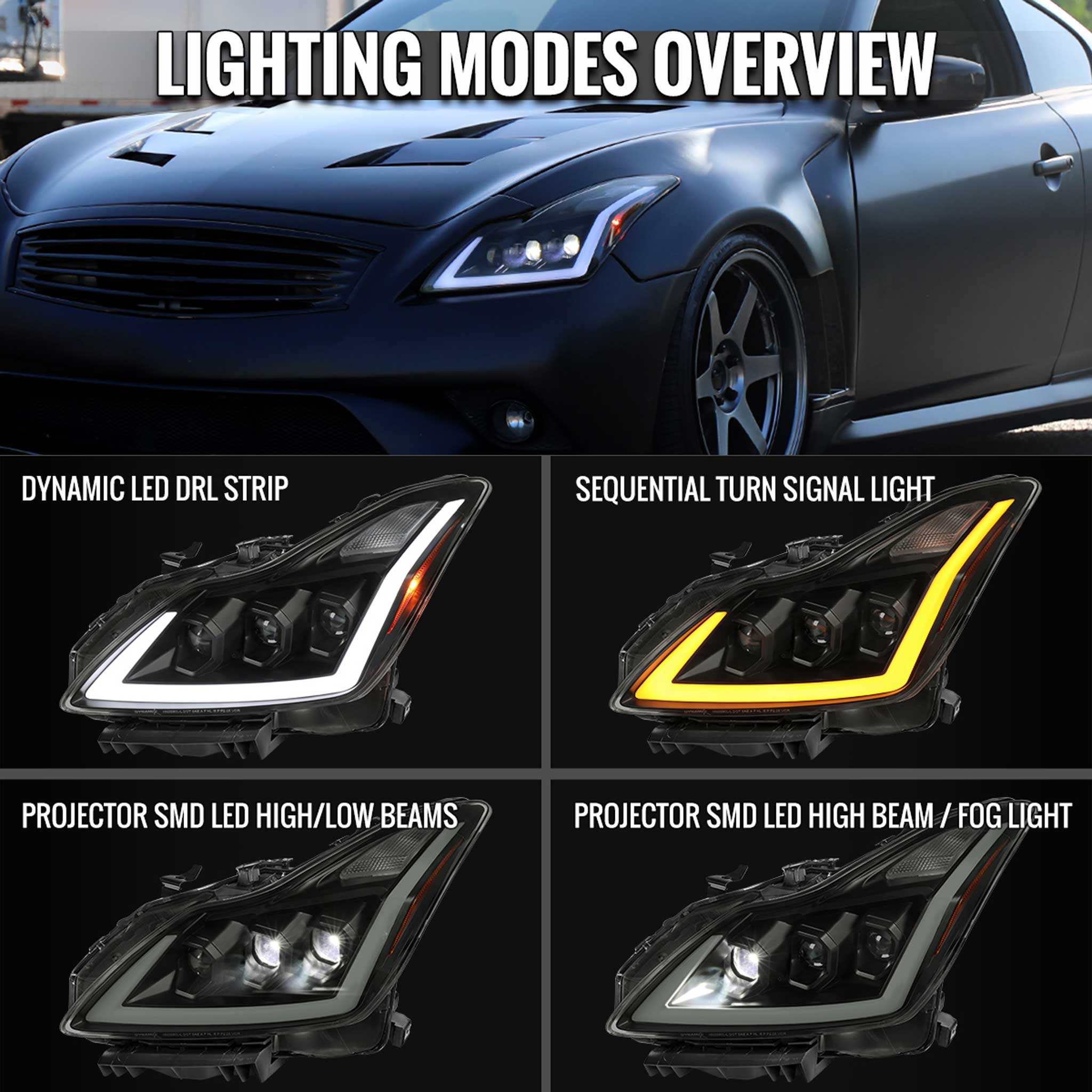 For Infiniti G37 2008-13 / Q60 Coupe 2014-15 LED Turn Signal Full LED Triple Headlights Matte Black Housing Smoked Lens