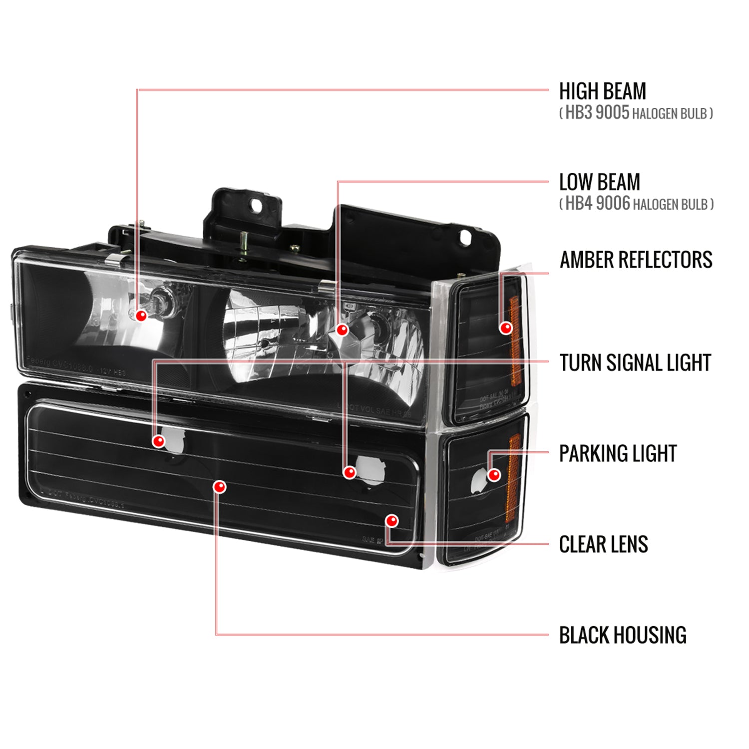 1994-1998 Chevy Silverado/Tahoe/C10 Headlights Bumper&Corner Lights Black