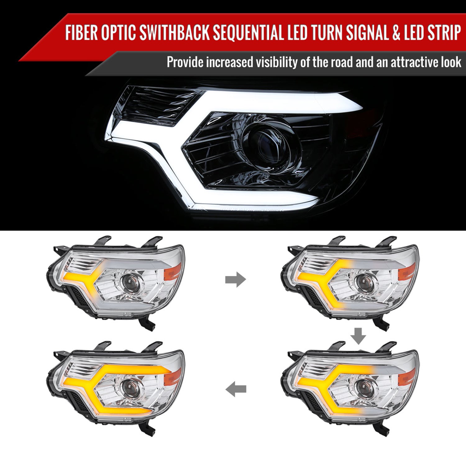 2012-2015 Toyota Tacoma Sequential LED Bar Projector Headlights Chrome