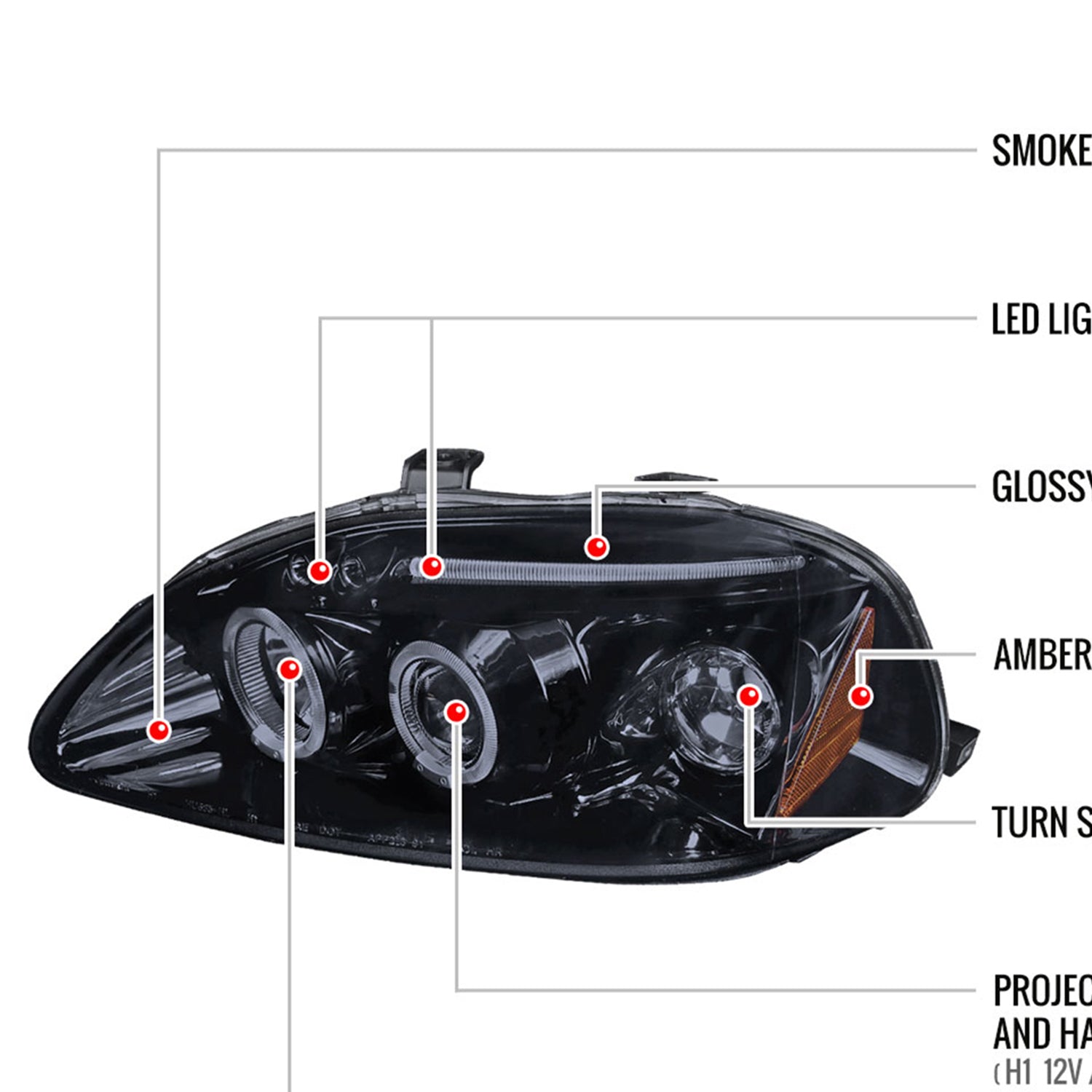 1996-1998 Honda Civic Dual Halo Projector Headlights Glossy Black/Smoke Lens
