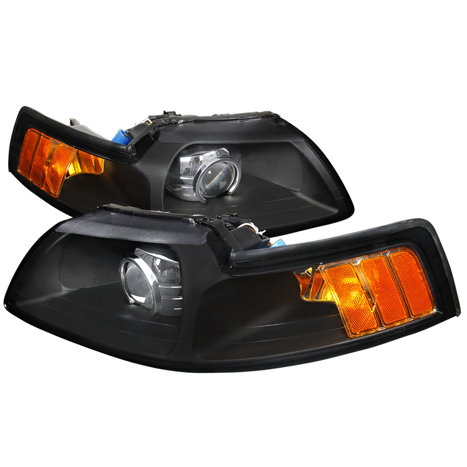 1999-2004 Ford Mustang Projector Headlights Amber Reflectors Matt Black/Clear