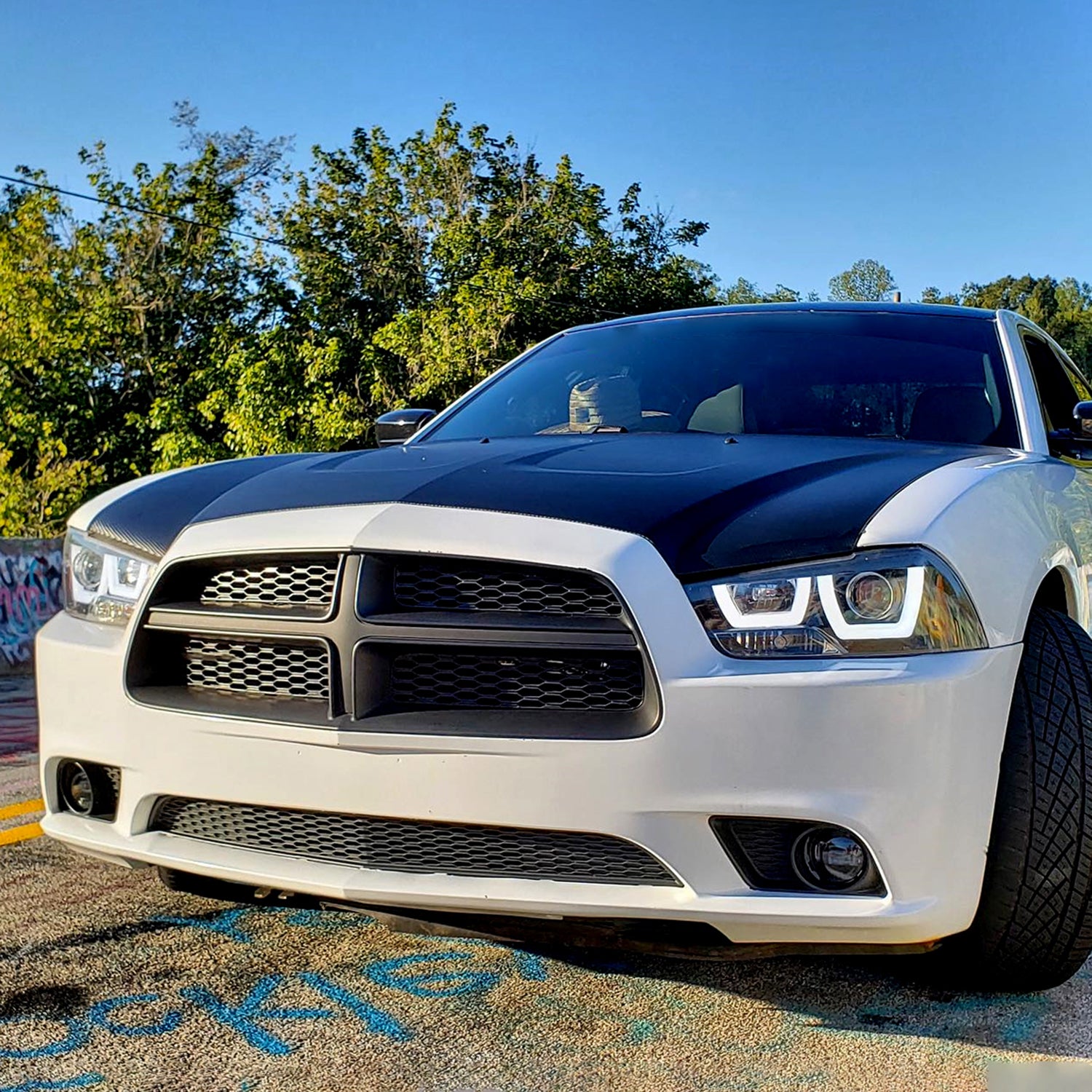 2011-2014 Dodge Charger Dual LED U-Bar Projector Headlights Jet Black/Clear