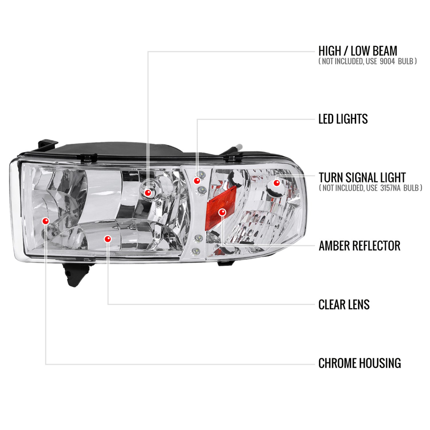1994-2001 Dodge RAM 1500/ RAM 2500 3500 Crystal Headlights Chrome