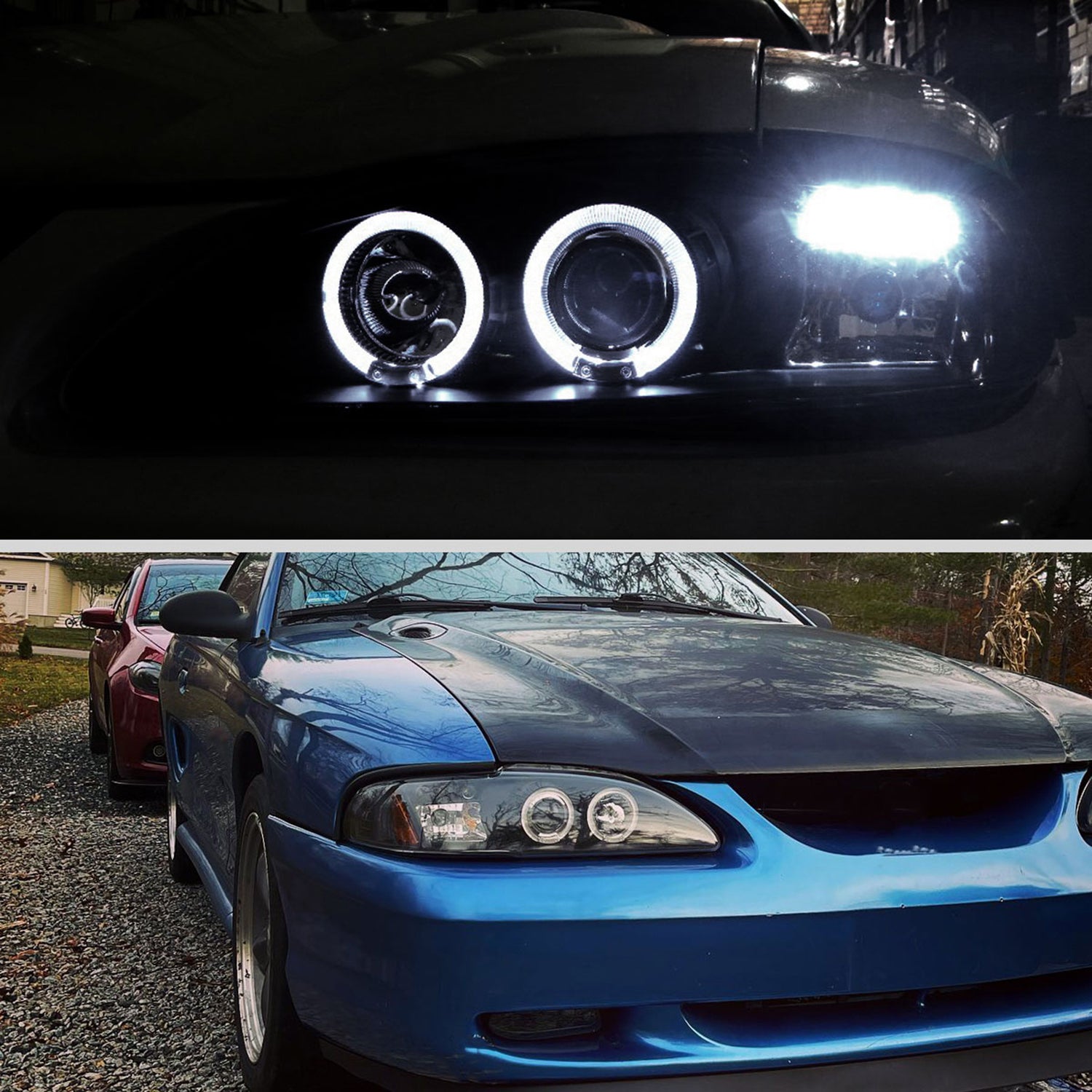 1994-1998 Ford Mustang Dual Halo Projector Headlights Matte Black/Clear Lens