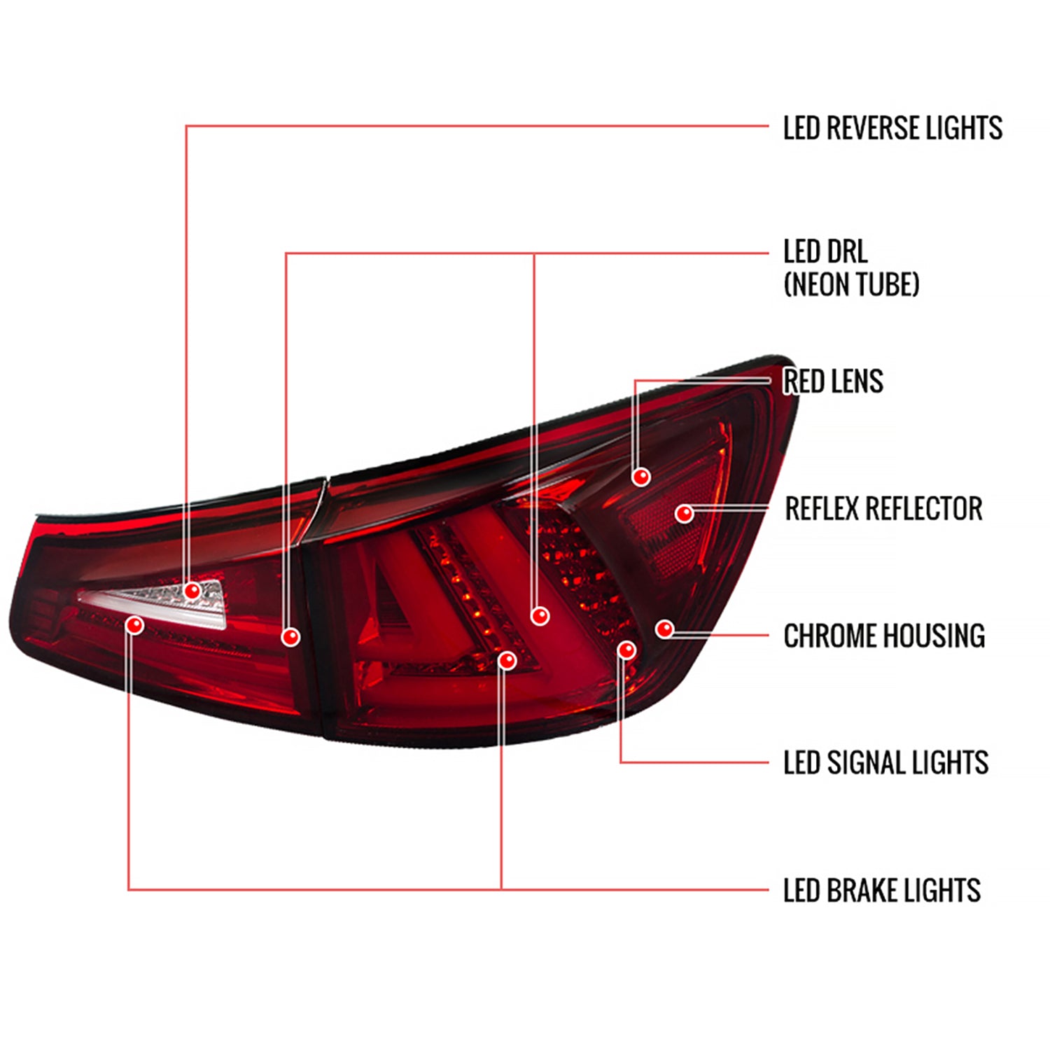 2006-2008 Lexus IS250/IS350 LED Tail Lights & Trunk Lights Chrome/Red Lens