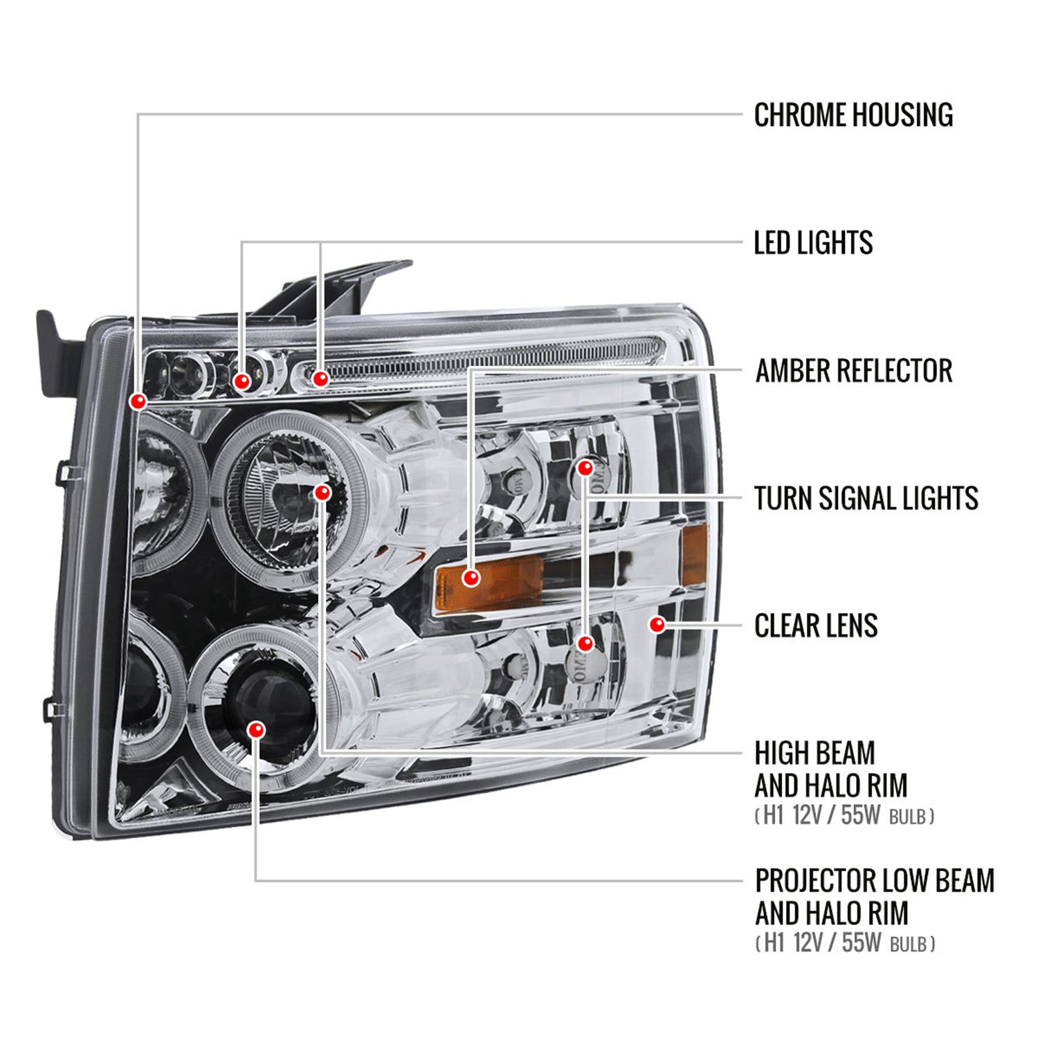 2007-2013 Chevy Silverado 1500/ 2500HD 3500HD Dual Halo Headlights Chrome