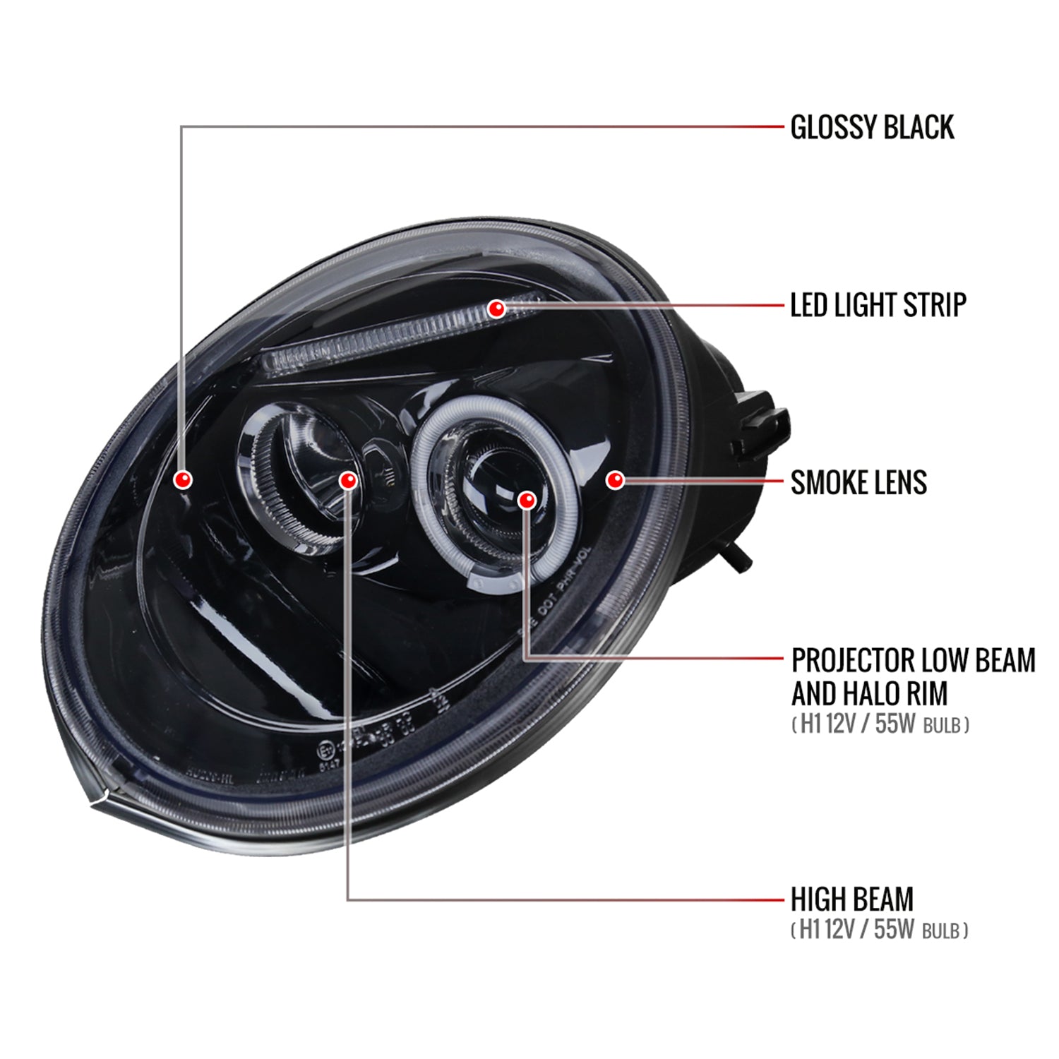 1998-2005 VW Beetle Halo Projector Headlights Glossy Black/Smoke Lens