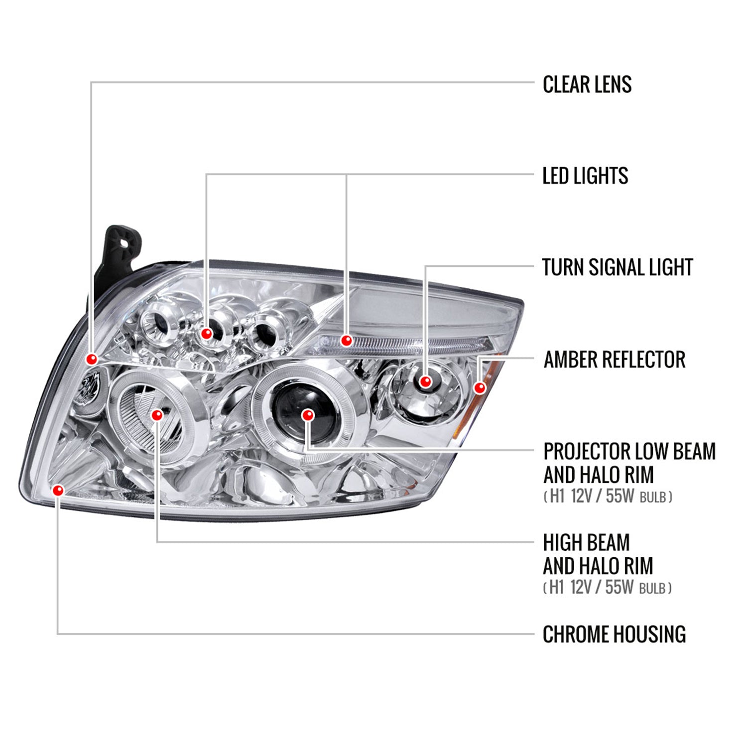 2007-2012 Dodge Caliber Dual Halo Projector Headlights Chrome/Clear Lens