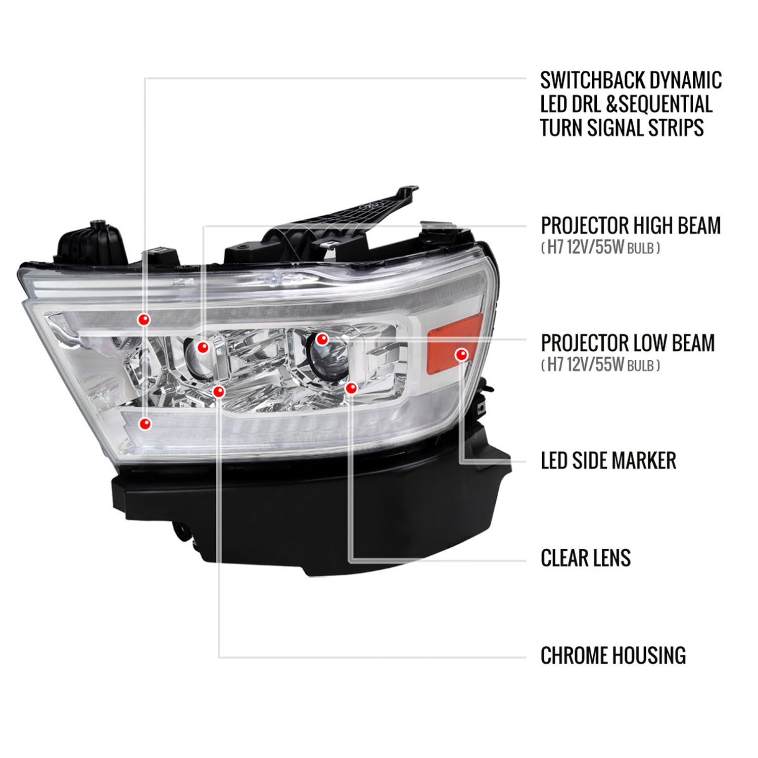 2019-2024 Dodge RAM 1500 LED Turn Signal Projector Headlights Chrome