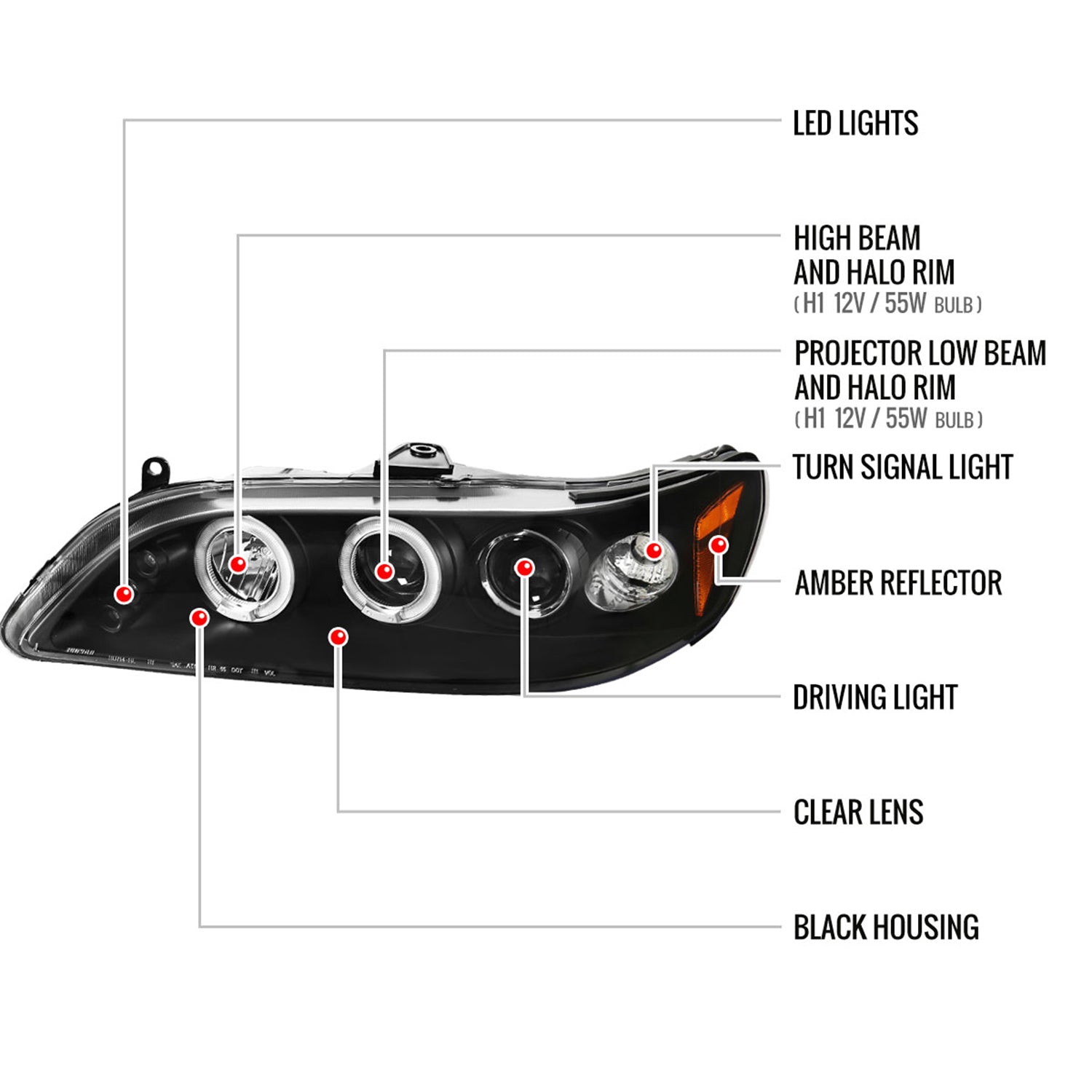 1998-2002 Honda Accord Dual Halo Projector Headlights Matte Black/Clear Lens