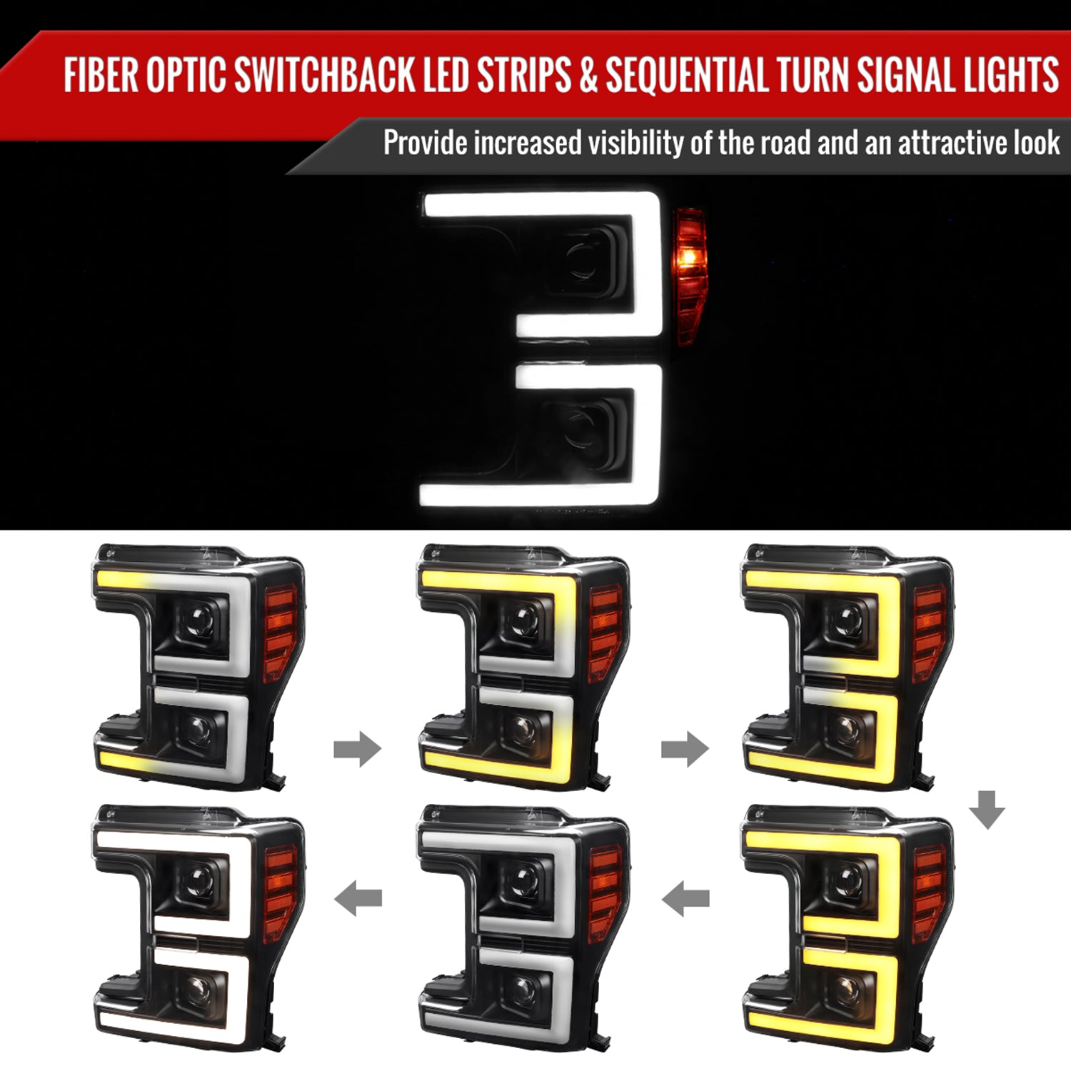 2017-2019 Ford F-250 F-350 F-450 F-550 LED C-Bar Headlights Signal Black