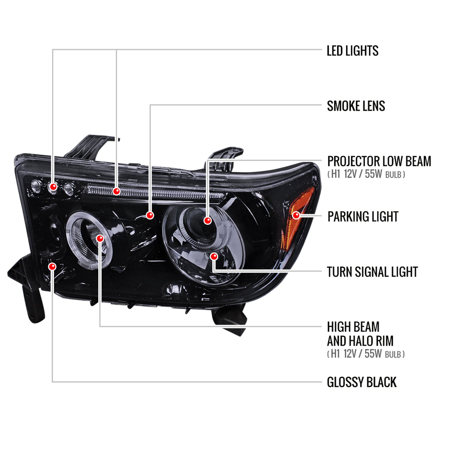 2007-2013 Toyota Tundra/ 08-2017 Sequoia Single Halo Projector Headlights Smoke