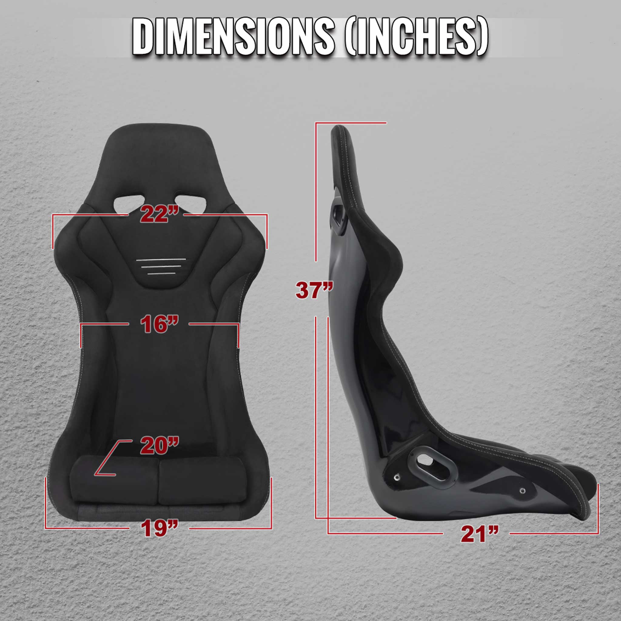 Universal Bucket Racing Seat Fiber Glass Black Suede Double Silver Stitch