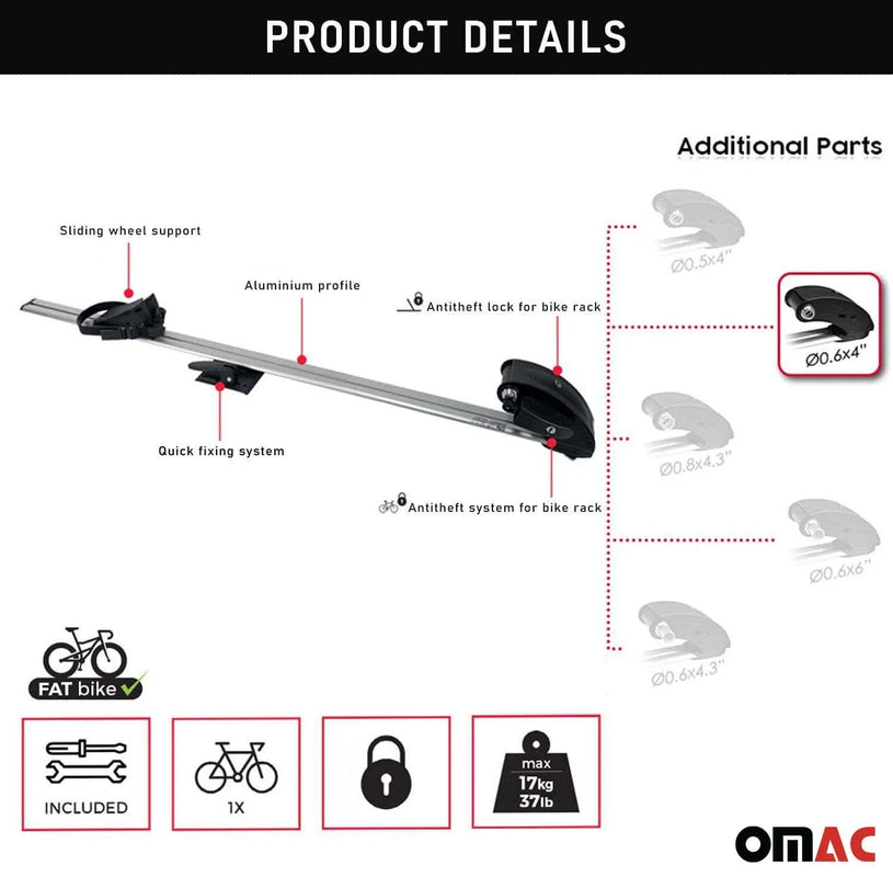 Roof Bicycle Rack Bike Carrier Alu Upright with Optional 0,6x4 Inch Fork Kit