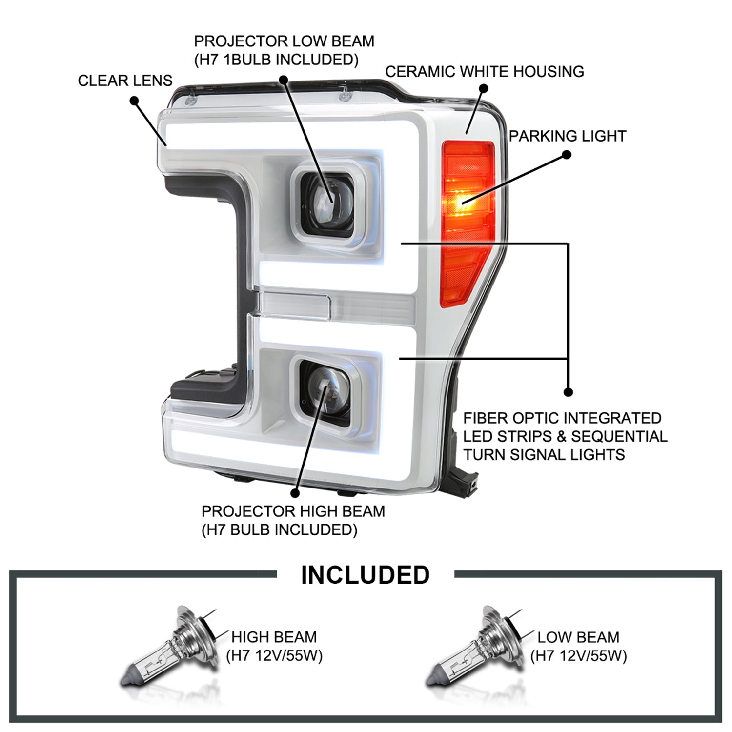 2017-2019 Ford F-250/350/450/550 LED C-Bar Headlights Signal White Housing