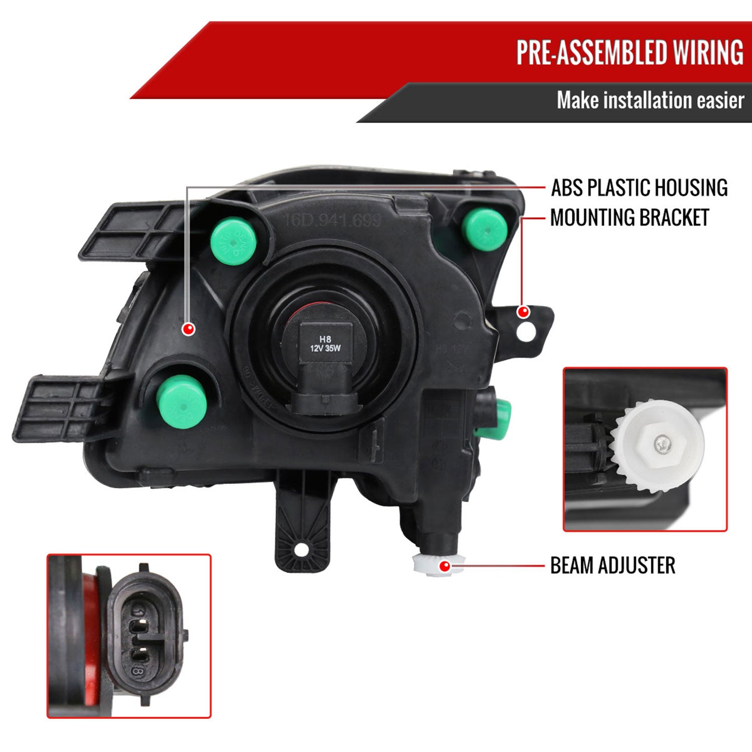 2015-2018 VW Jetta H8 Fog Lights Kit w/ Switch & Wiring Harness Chrome/Clear