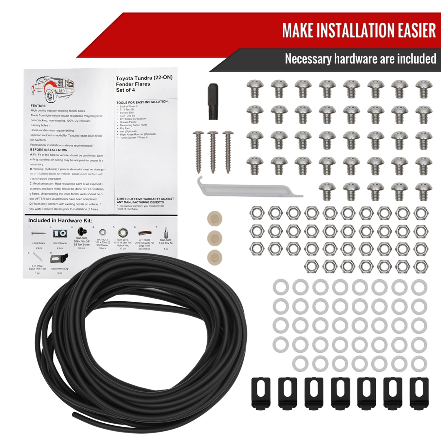 2022-2024 Toyota Tundra Matte Black Rivet Style Fender Flares Protector